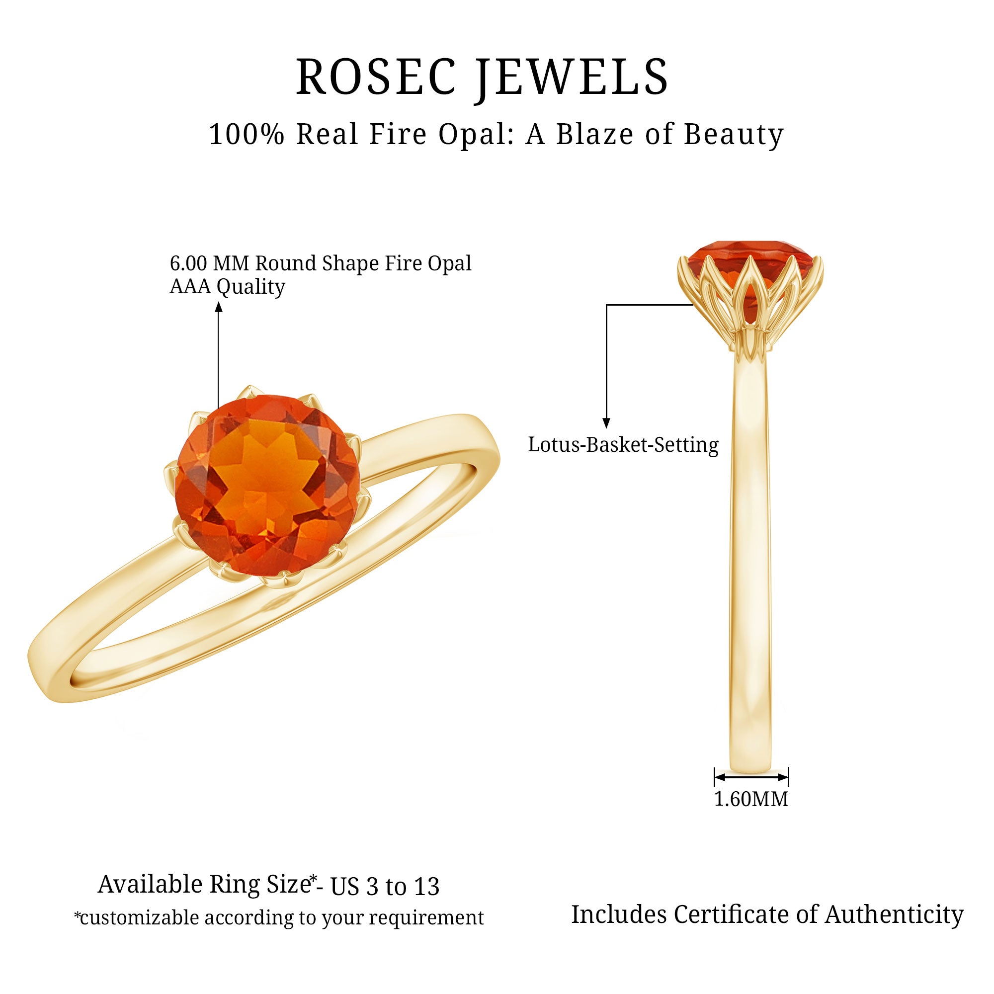 0.75 Carat Round Fire Opal Solitaire Ring in Lotus Basket Setting AAA - Rosec Jewels
