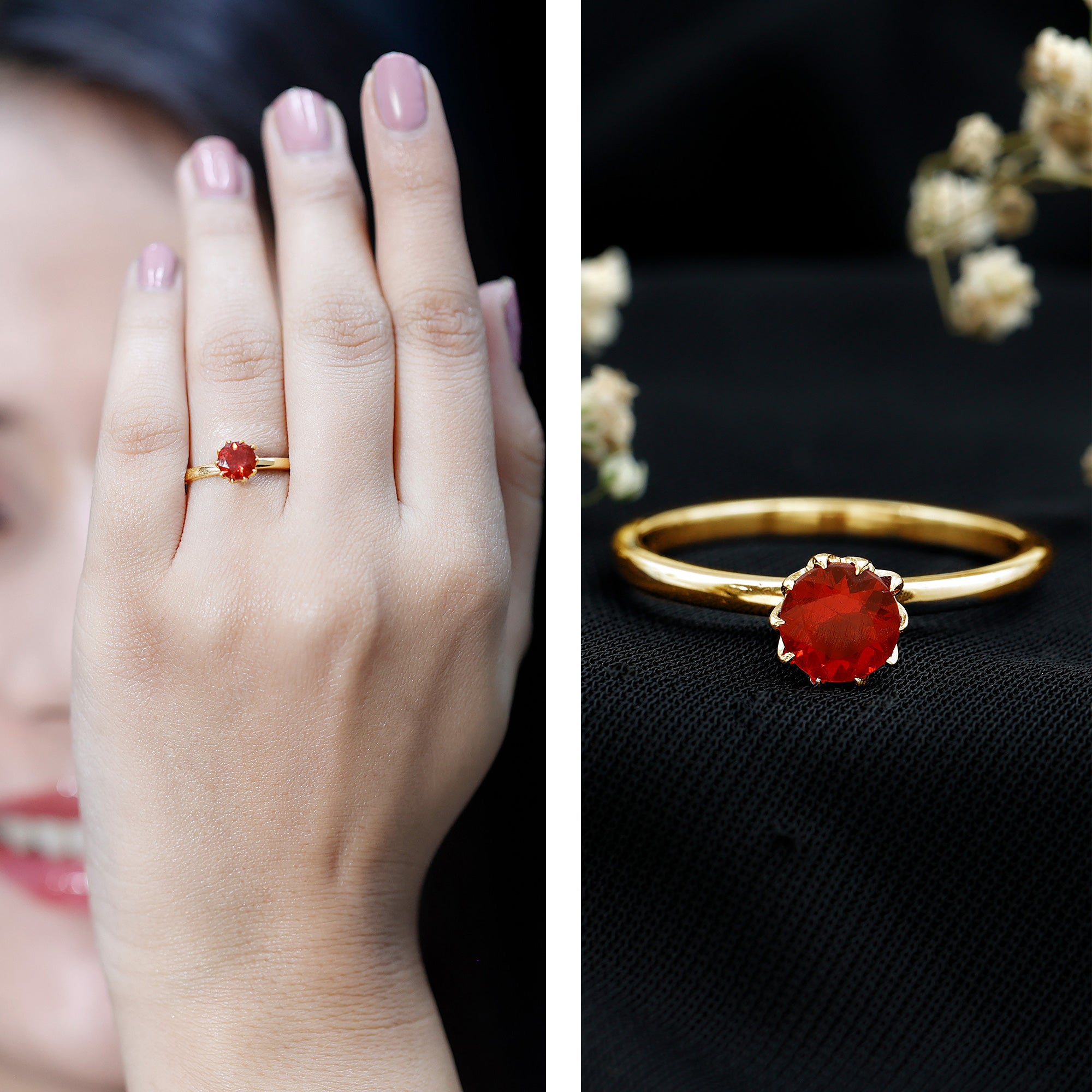 0.75 Carat Round Fire Opal Solitaire Ring in Lotus Basket Setting AAA - Rosec Jewels