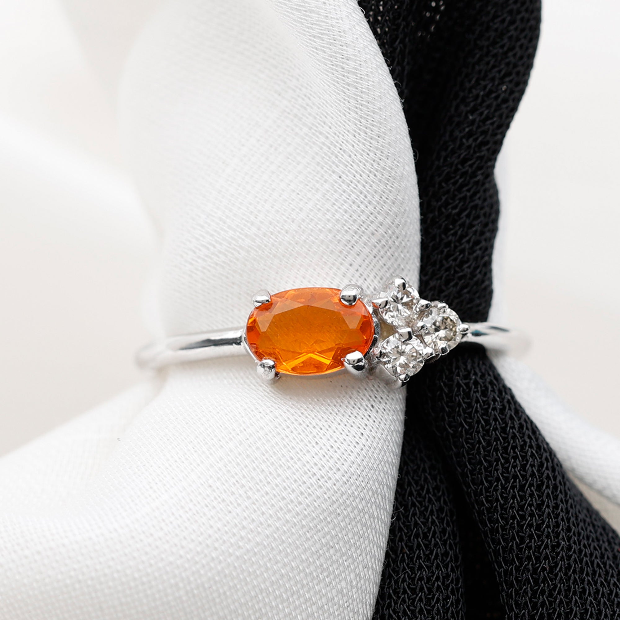 Oval Cut Fire Opal Promise Ring with Diamond Trio AAA - Rosec Jewels