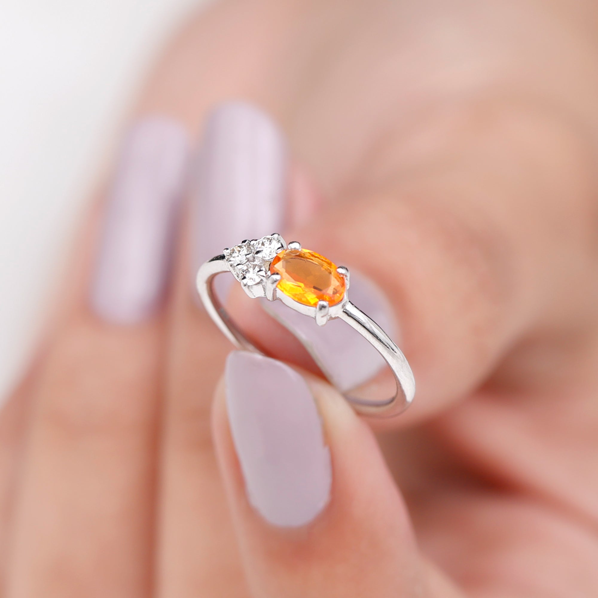 Oval Cut Fire Opal Promise Ring with Diamond Trio AAA - Rosec Jewels