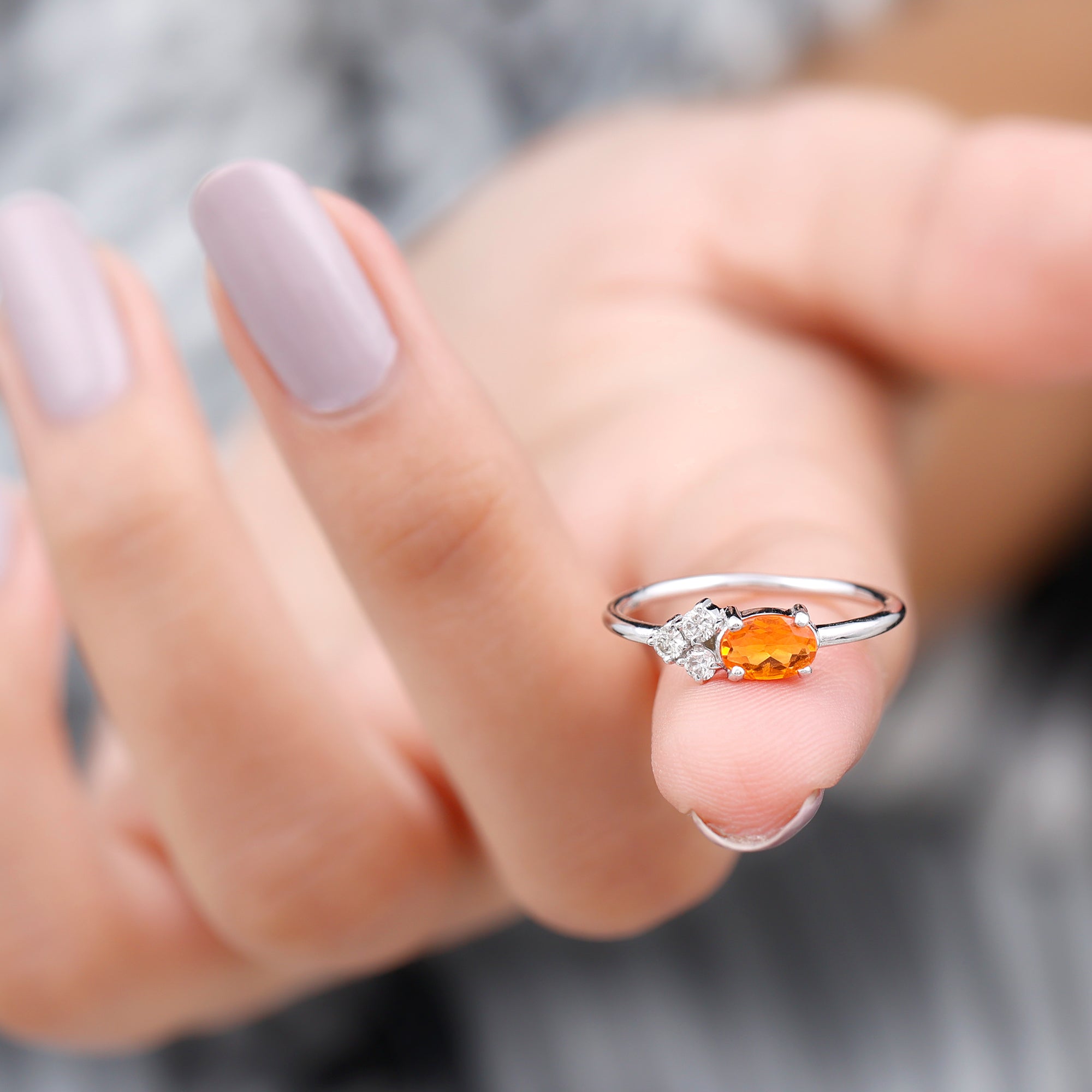 Oval Cut Fire Opal Promise Ring with Diamond Trio AAA - Rosec Jewels