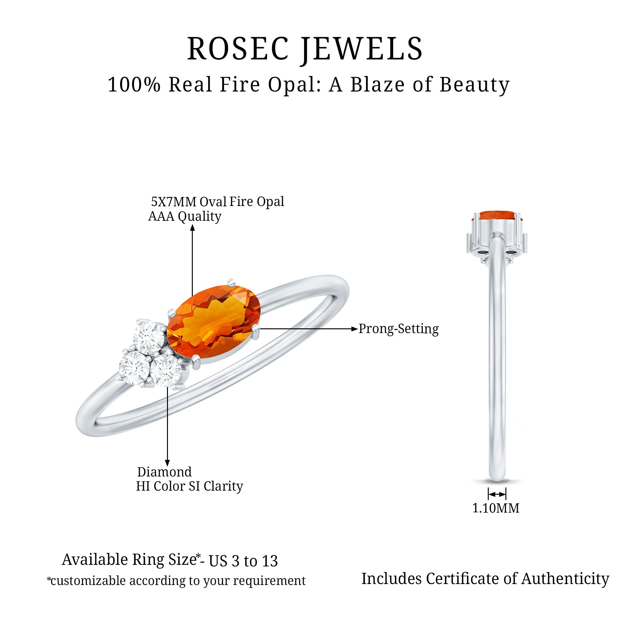 Oval Cut Fire Opal Promise Ring with Diamond Trio AAA - Rosec Jewels