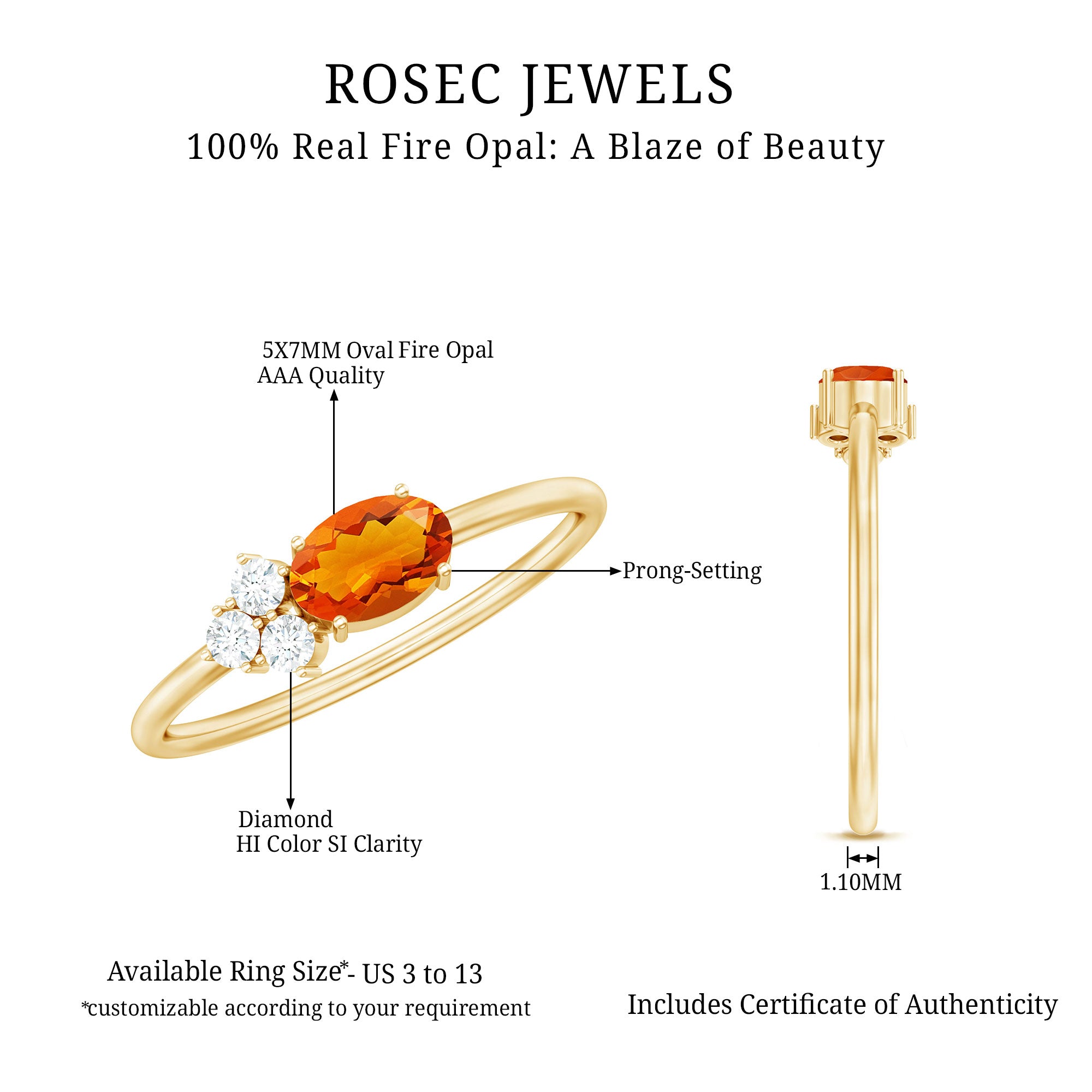 Oval Cut Fire Opal Promise Ring with Diamond Trio AAA - Rosec Jewels