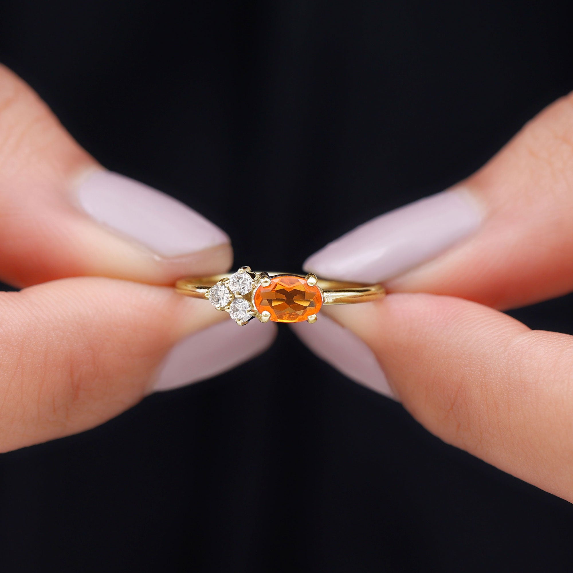 Oval Cut Fire Opal Promise Ring with Diamond Trio AAA - Rosec Jewels