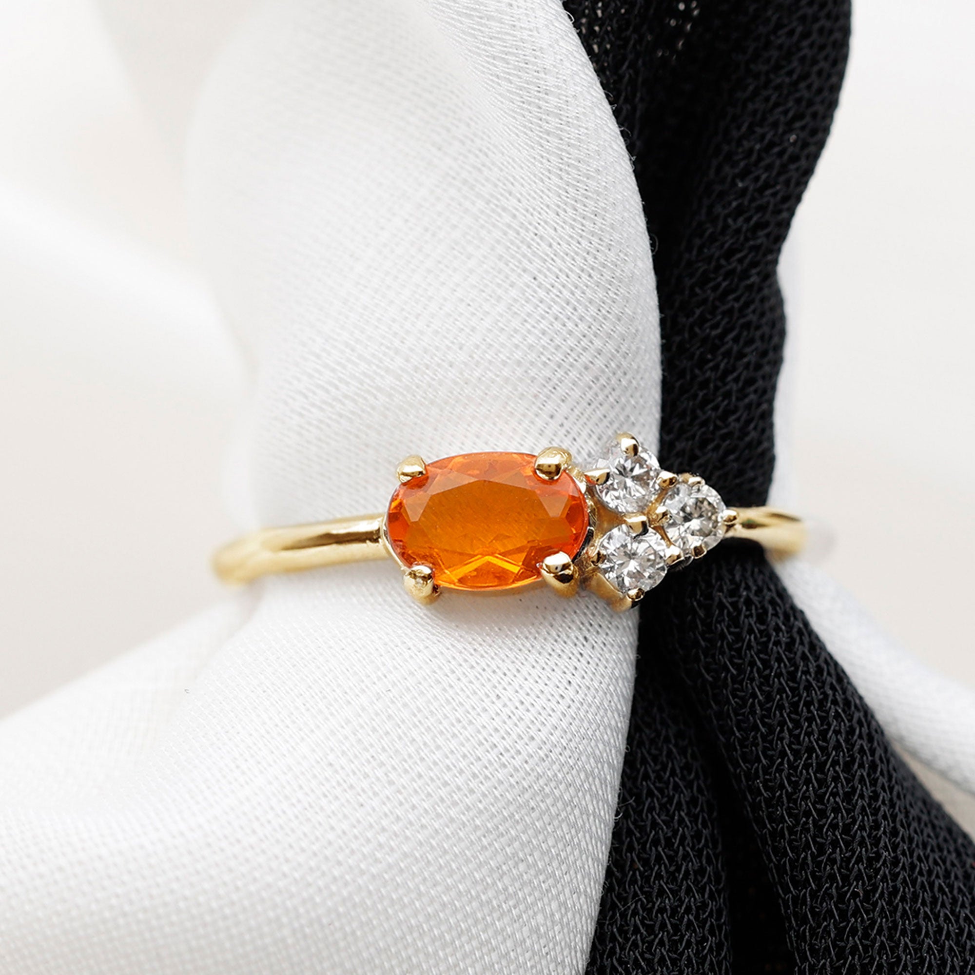 Oval Cut Fire Opal Promise Ring with Diamond Trio AAA - Rosec Jewels