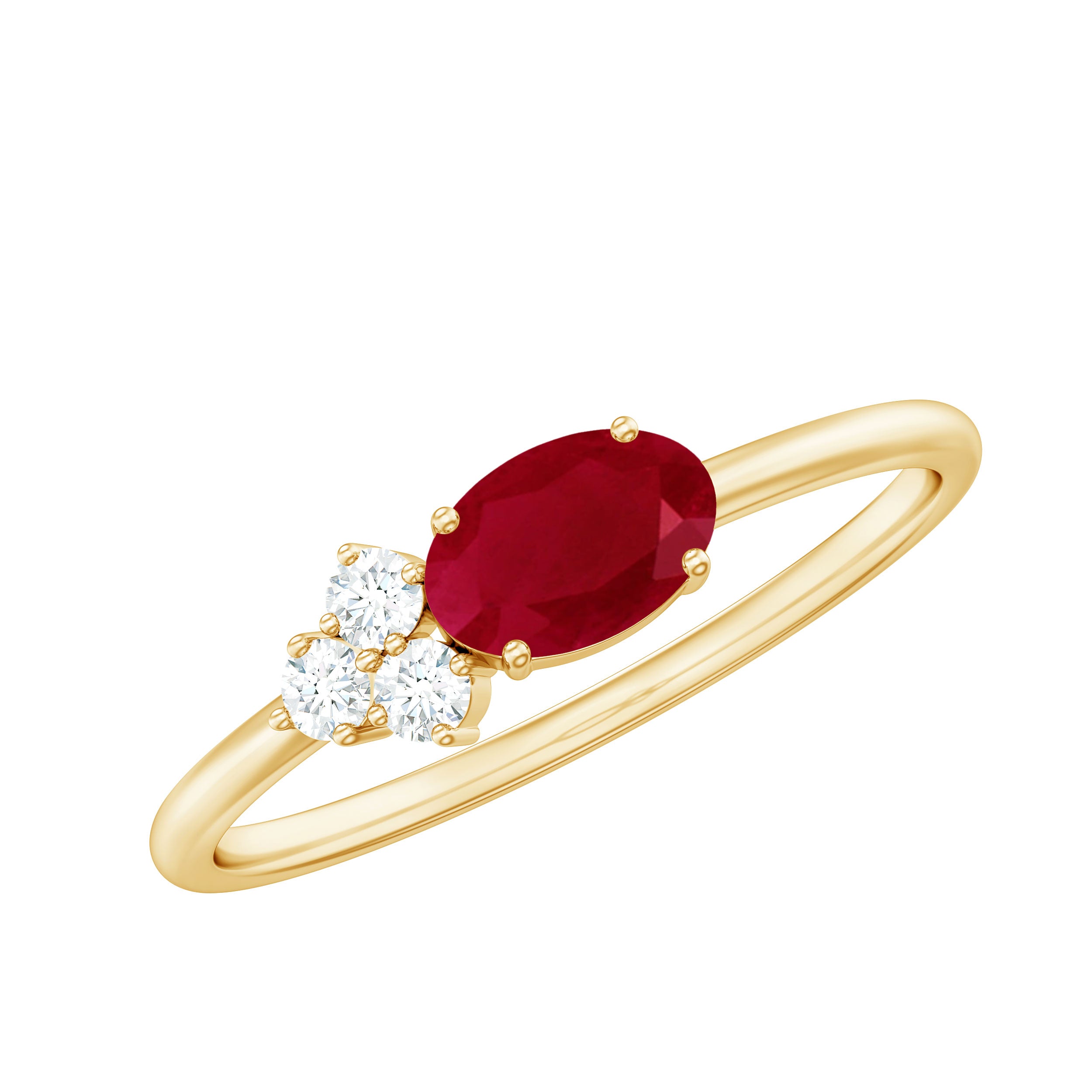 East West Style 0.6 Carat Oval Ruby Promise Ring with Diamond Trio AAA - Rosec Jewels