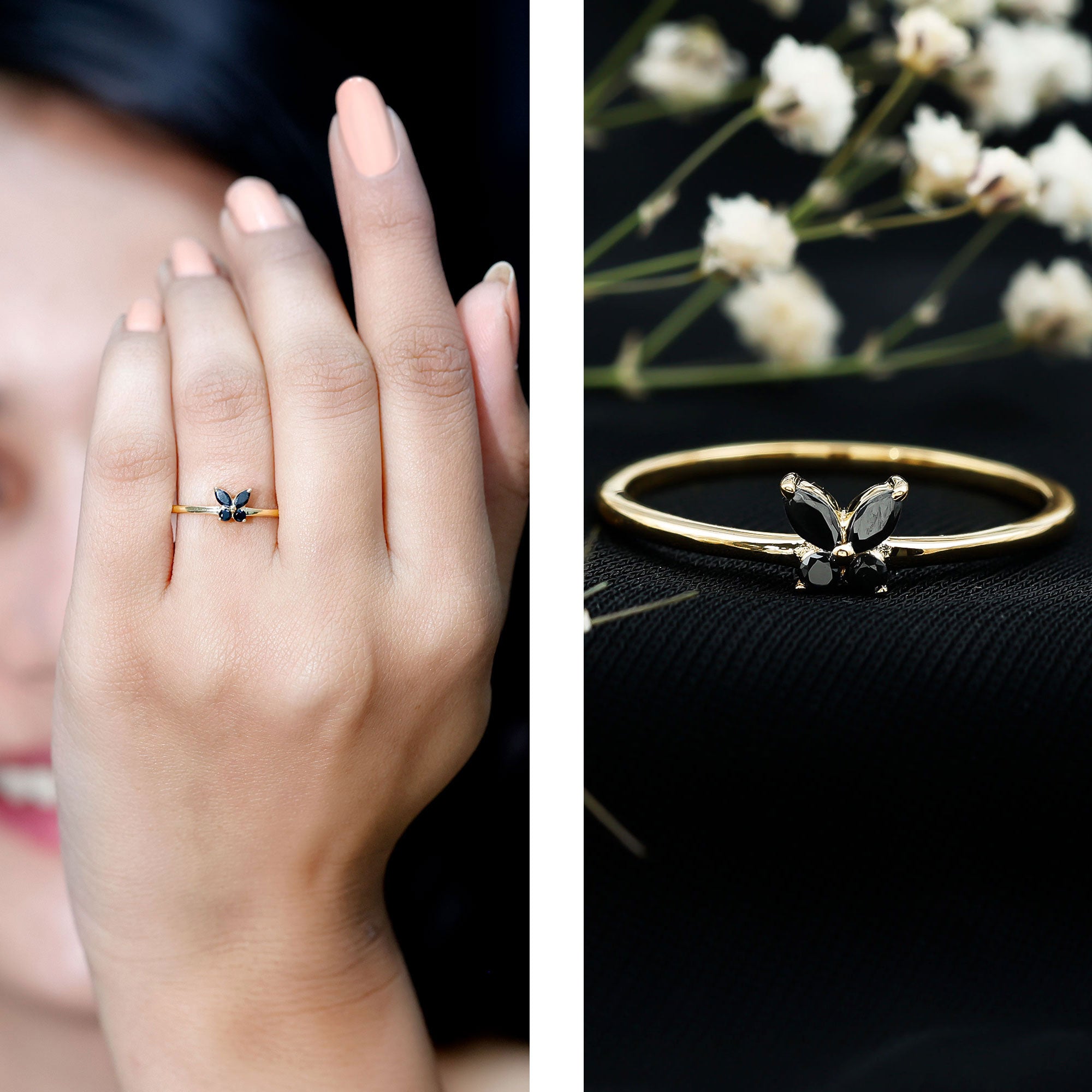 Genuine Black Onyx Butterfly Promise Ring AAA - Rosec Jewels