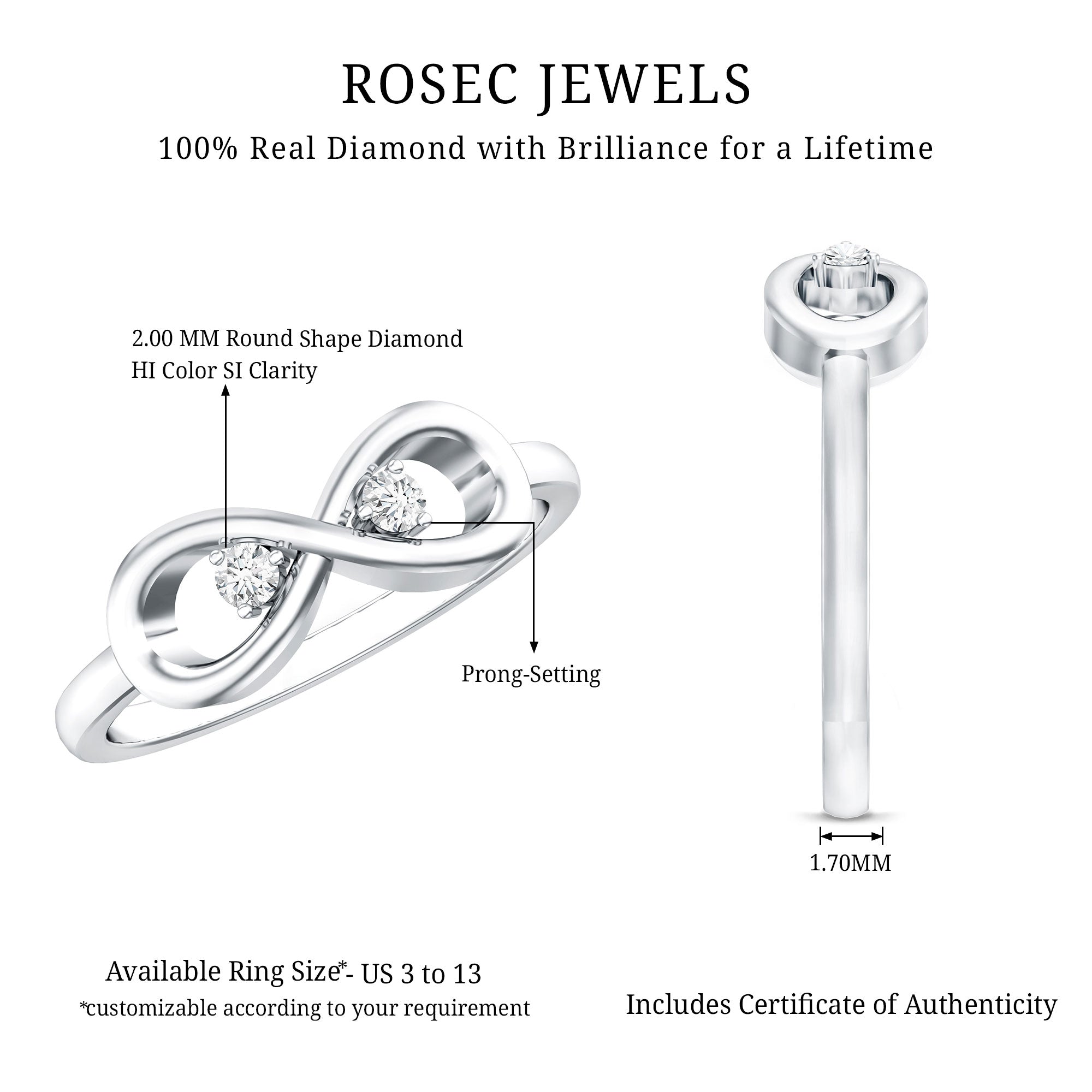 Certified Real Diamond Infinity Promise Ring for Women Natural - ( HI-SI ) - Rosec Jewels