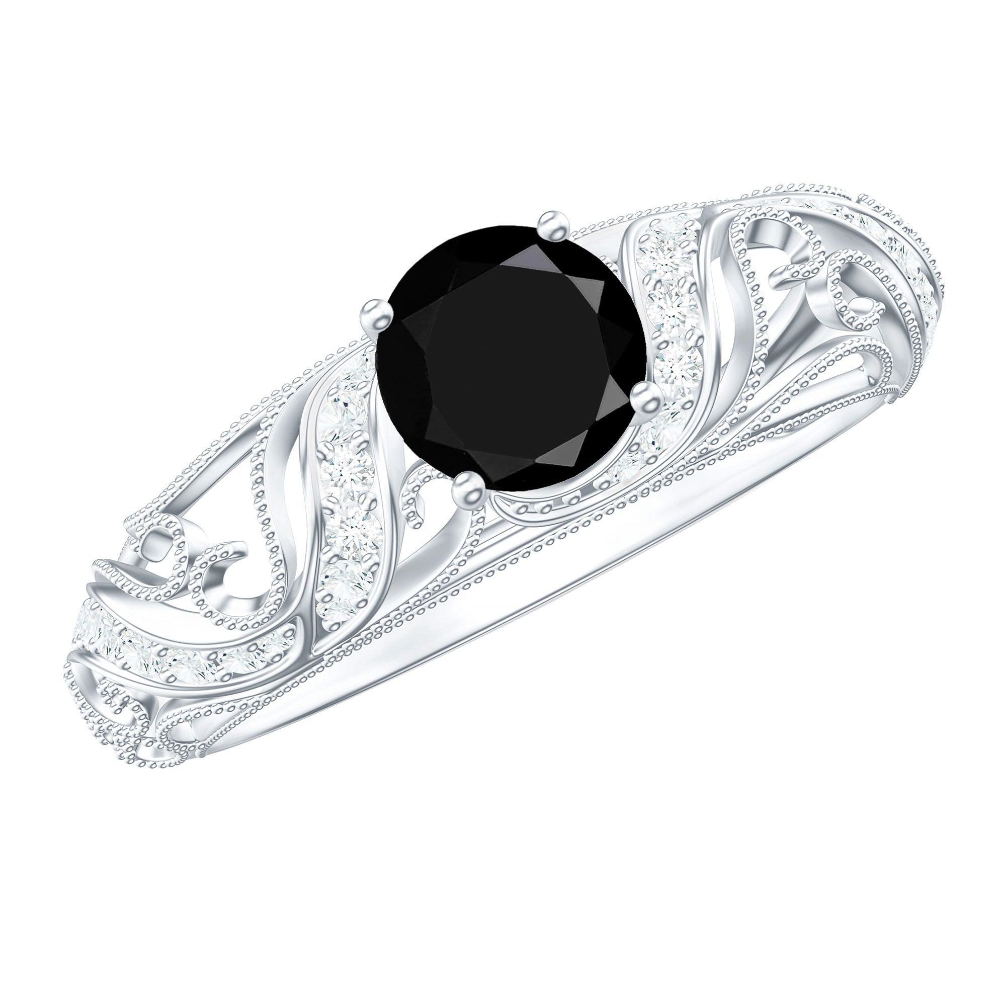 Round Black Spinel Vintage Inspired Engagement Ring with Diamond