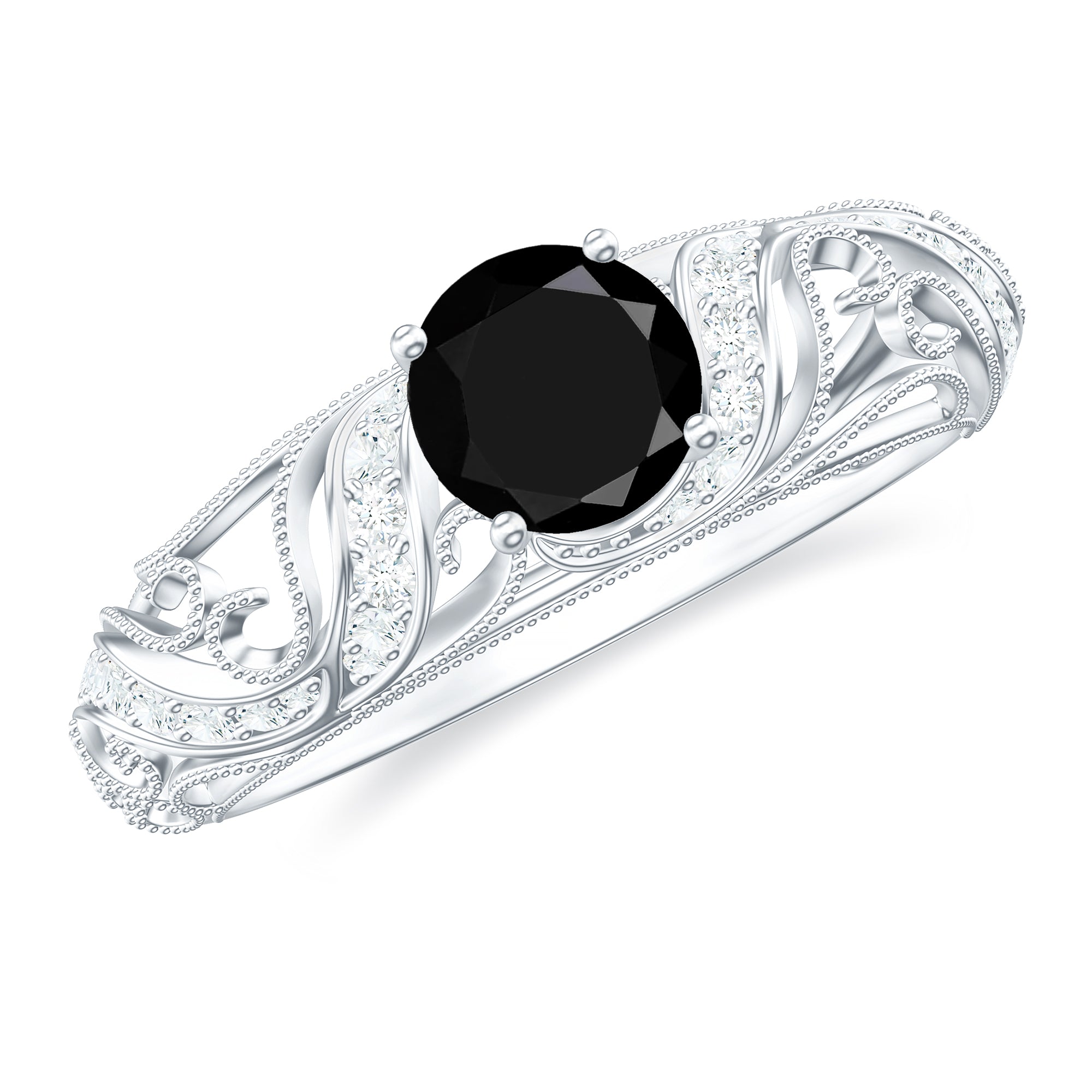 Vintage Style Black Onyx and Diamond Engagement Ring for Women AAA - Rosec Jewels
