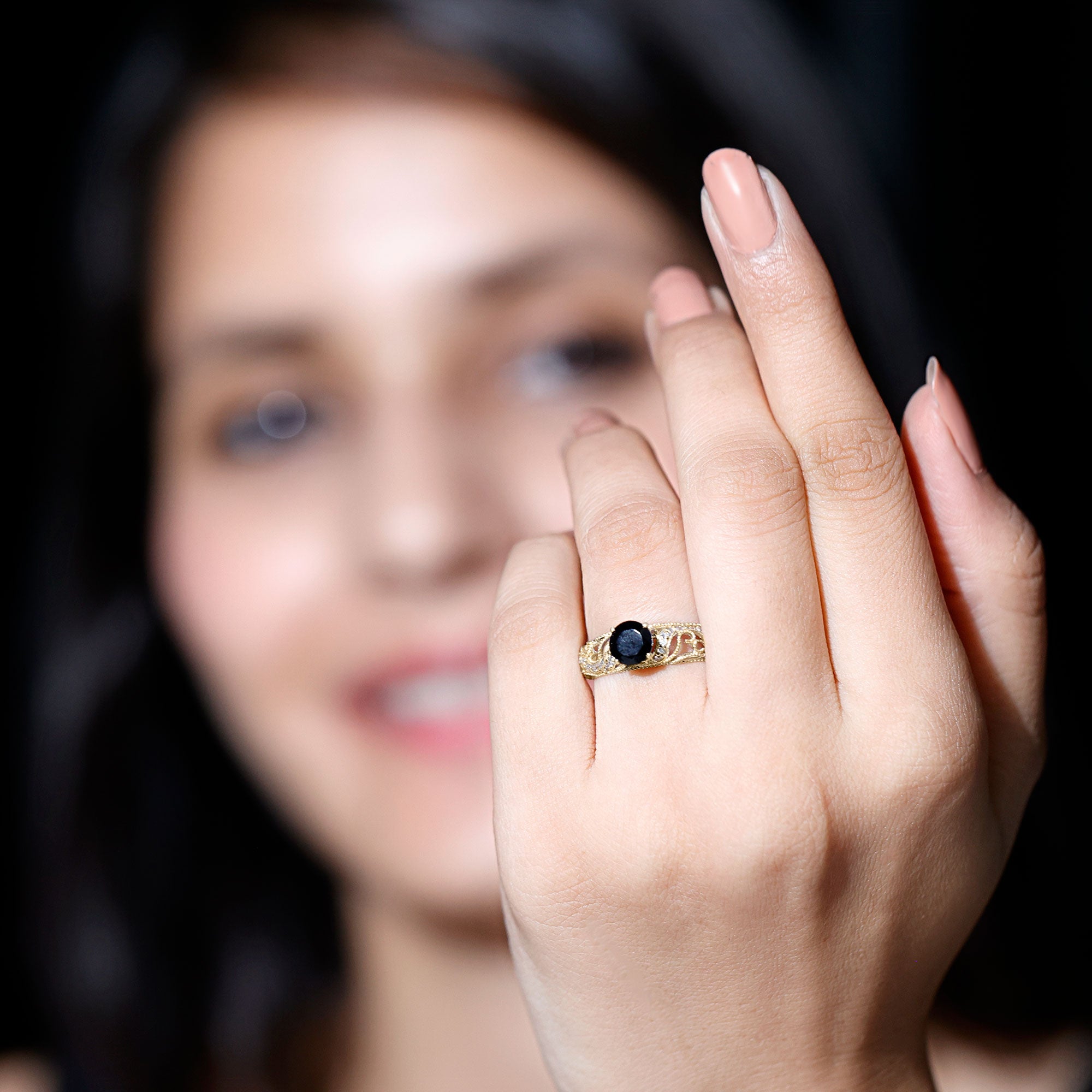 Vintage Style Black Onyx and Diamond Engagement Ring for Women AAA - Rosec Jewels