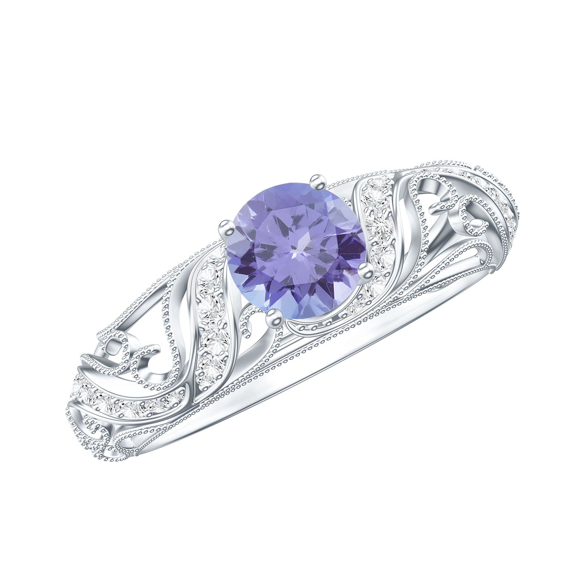 Round Tanzanite Vintage Inspired Engagement Ring with Diamond AAA - Rosec Jewels