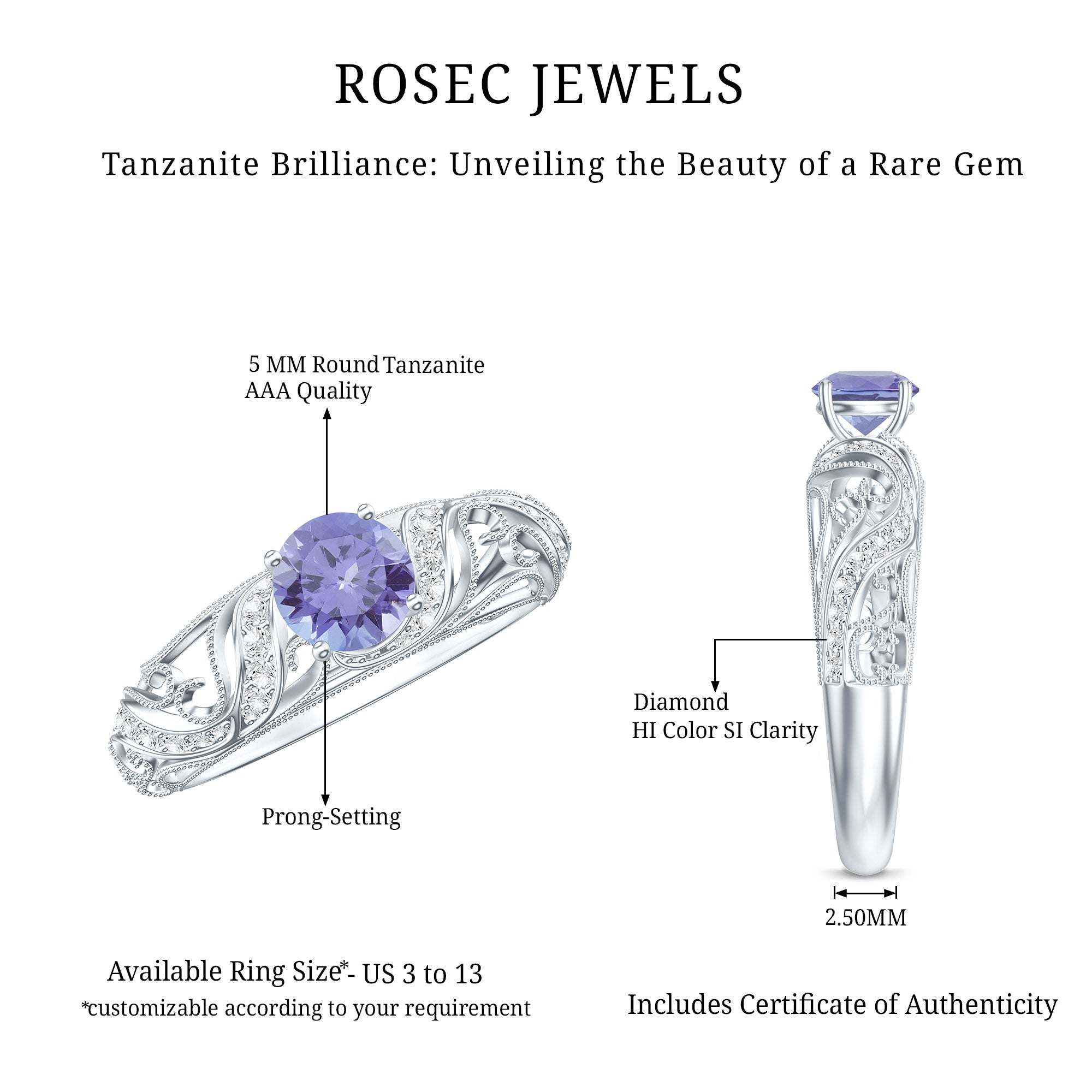 Round Tanzanite Vintage Inspired Engagement Ring with Diamond AAA - Rosec Jewels