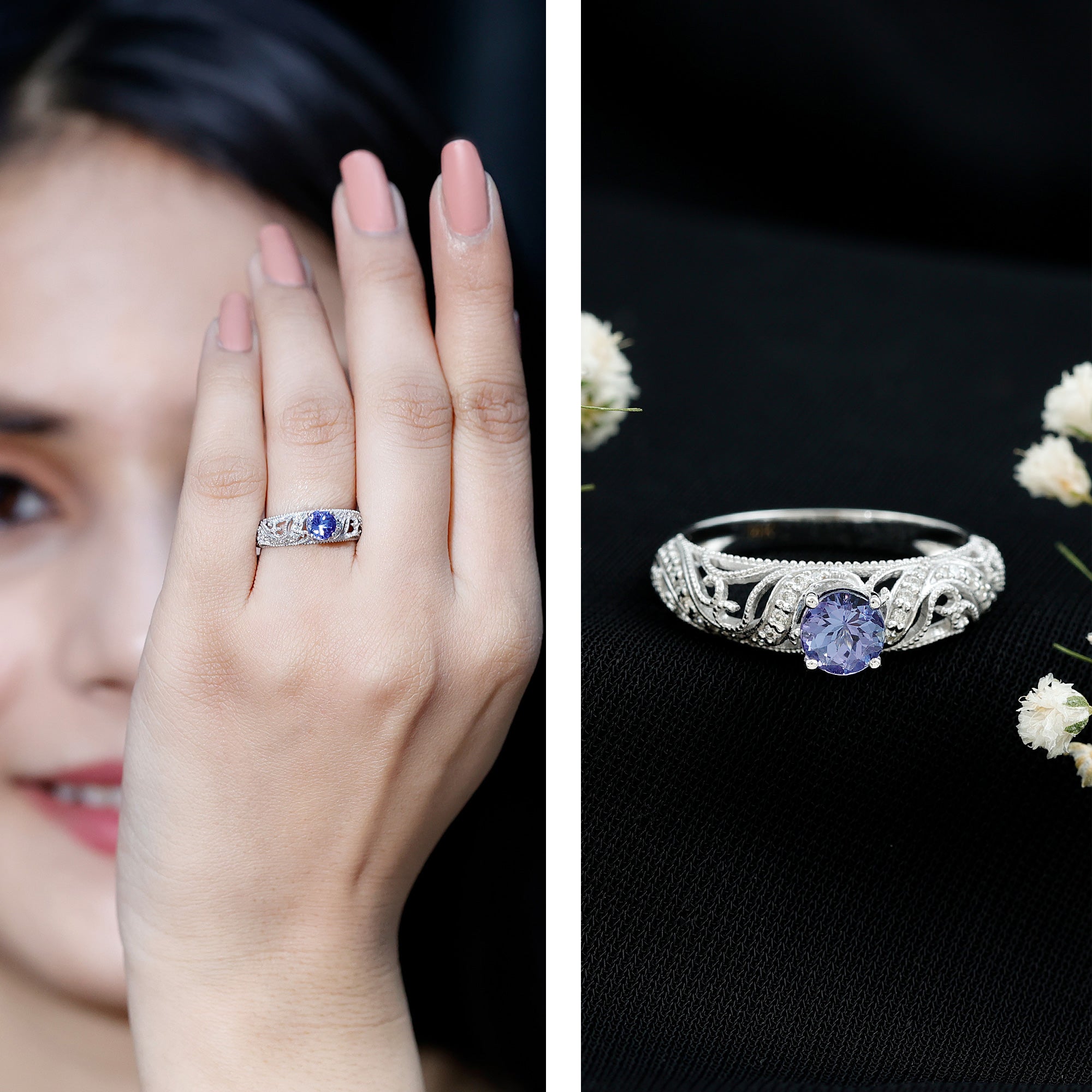 Round Tanzanite Vintage Inspired Engagement Ring with Diamond AAA - Rosec Jewels