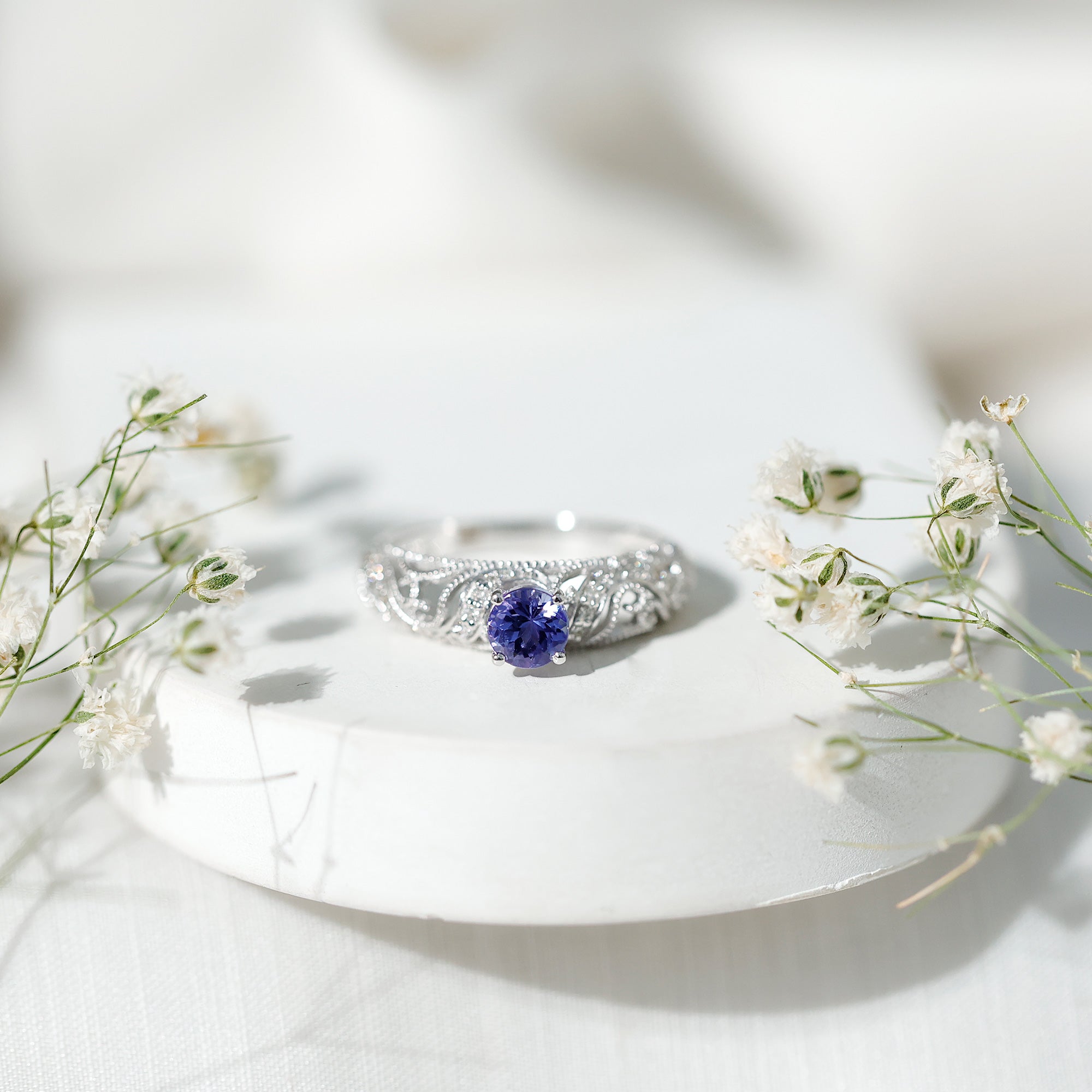Round Tanzanite Vintage Inspired Engagement Ring with Diamond AAA - Rosec Jewels
