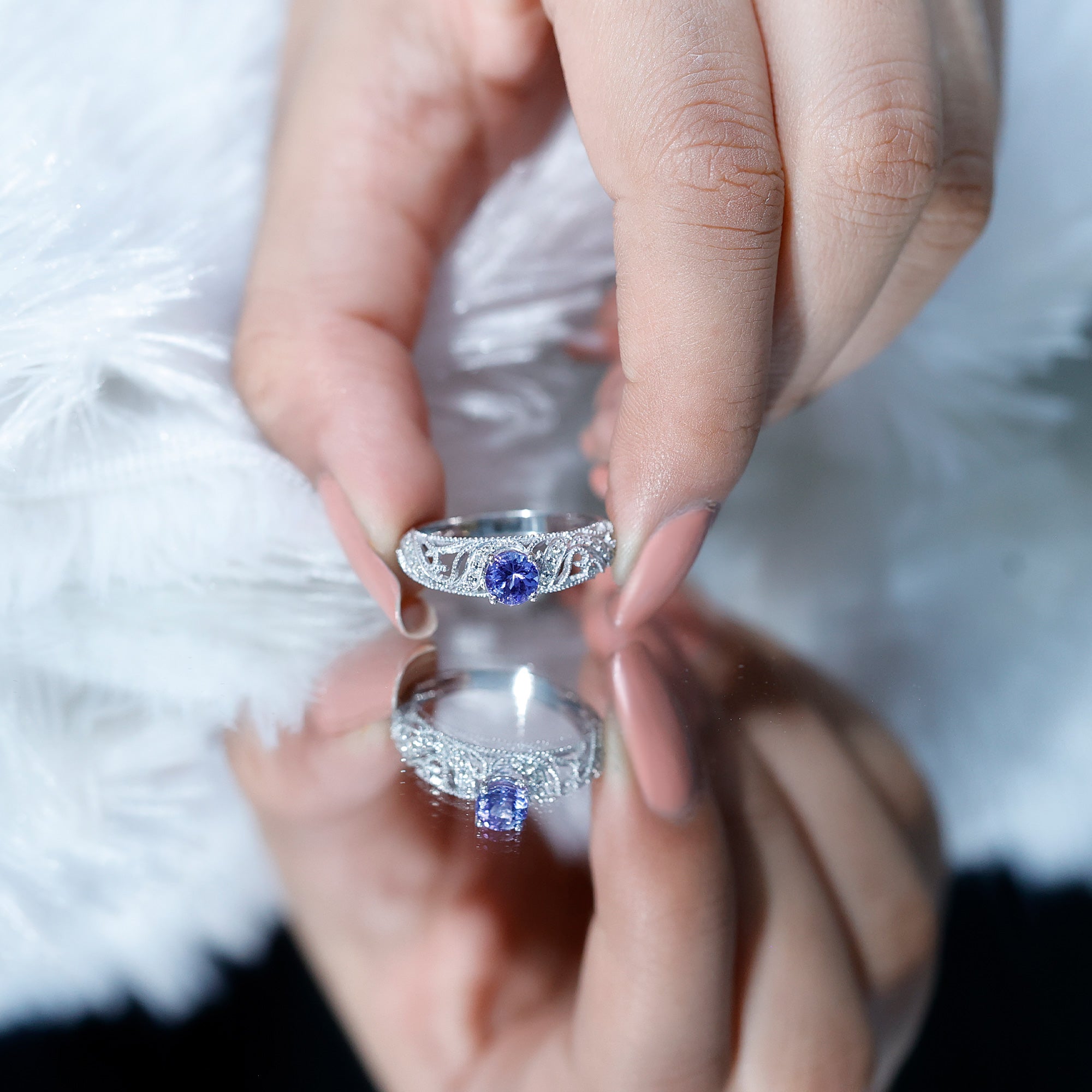 Round Tanzanite Vintage Inspired Engagement Ring with Diamond AAA - Rosec Jewels
