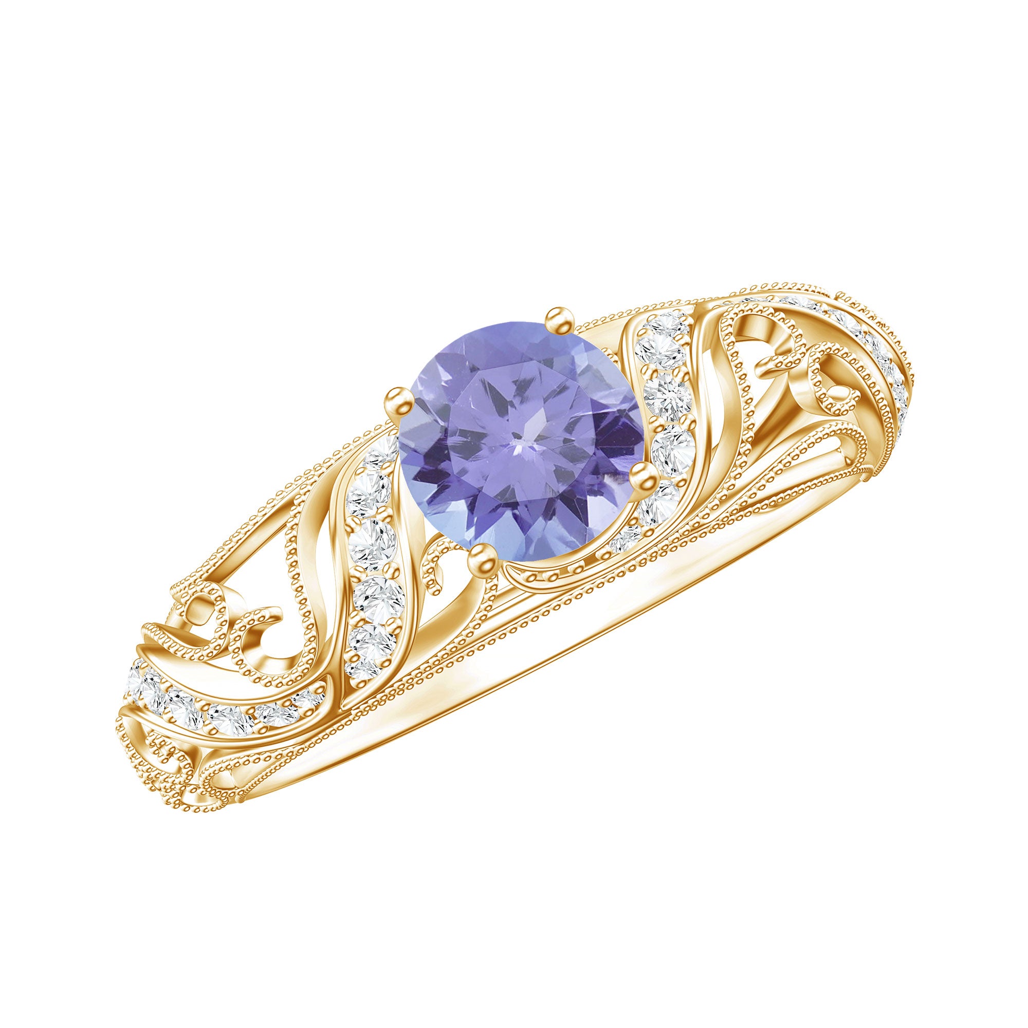 Round Tanzanite Vintage Inspired Engagement Ring with Diamond AAA - Rosec Jewels