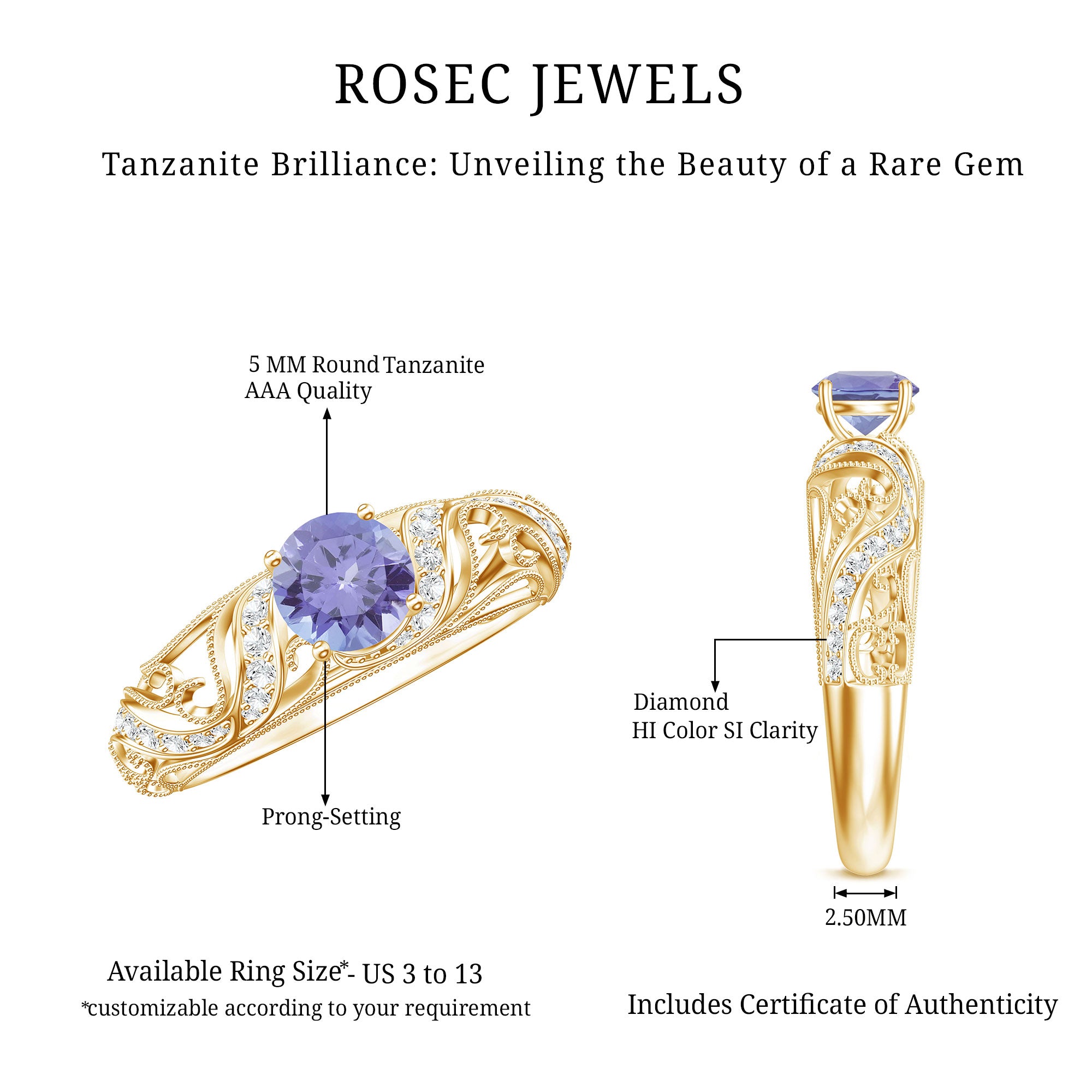 Round Tanzanite Vintage Inspired Engagement Ring with Diamond AAA - Rosec Jewels