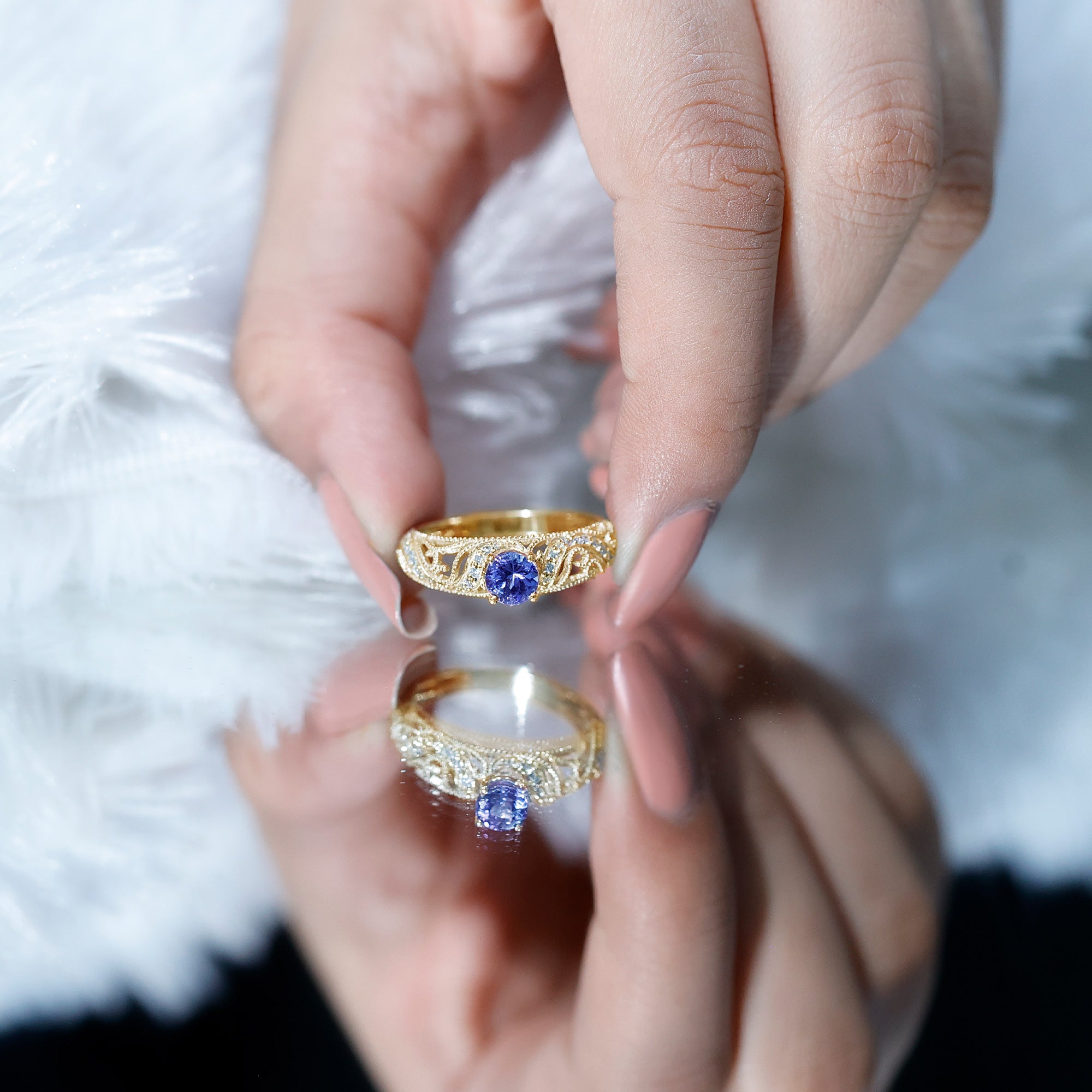 Round Tanzanite Vintage Inspired Engagement Ring with Diamond AAA - Rosec Jewels