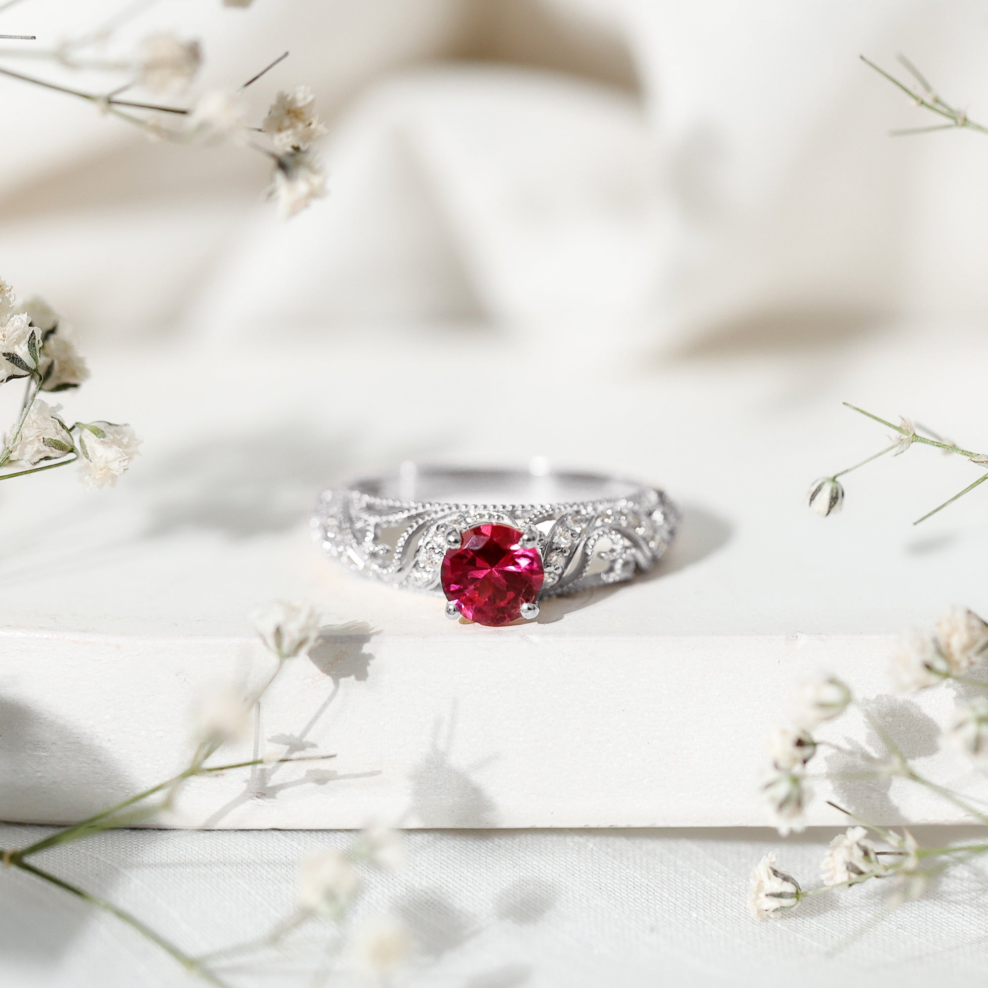 Rosec Jewels-Lab Created Ruby and Diamond Vintage Inspired Engagement Ring