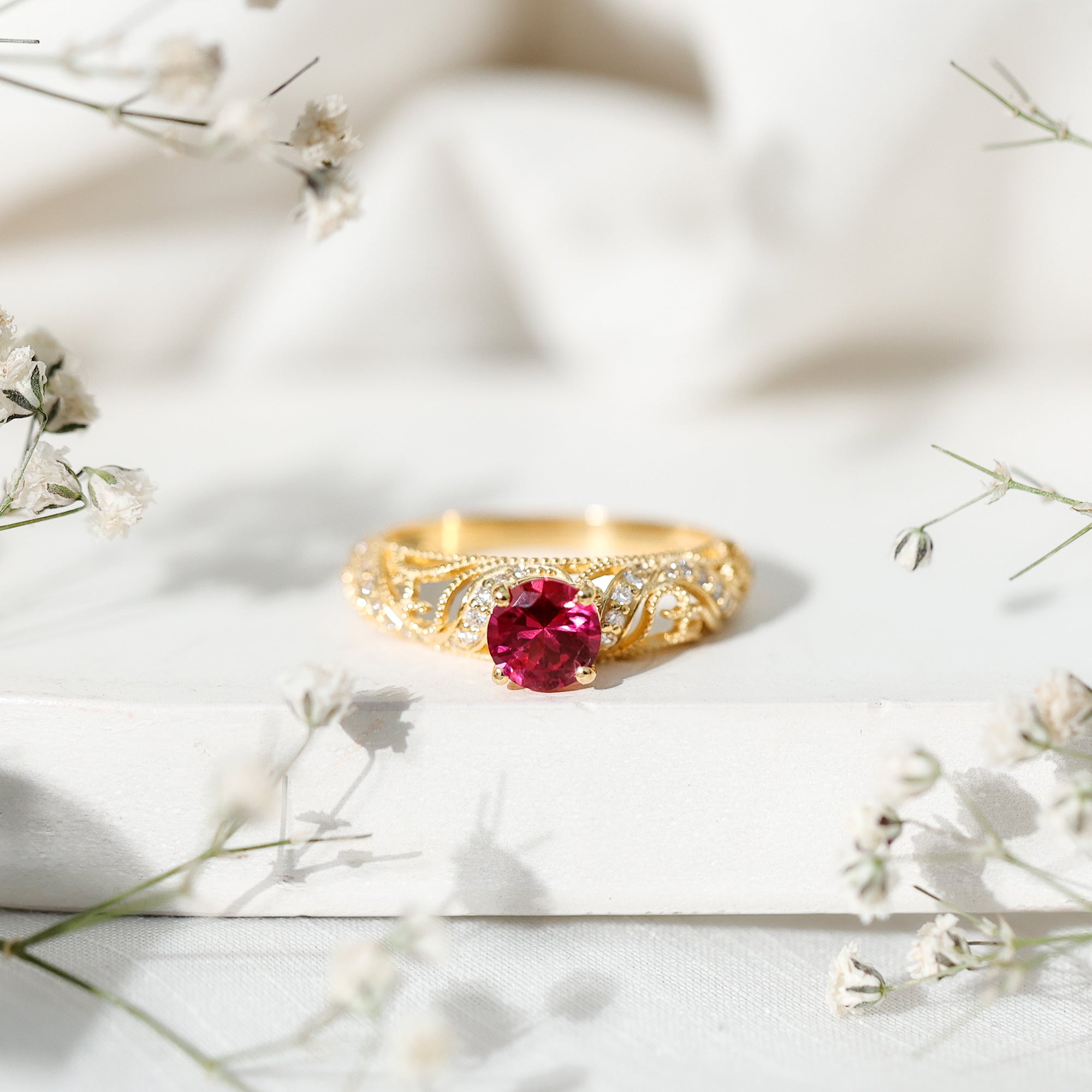 Rosec Jewels-Lab Created Ruby and Diamond Vintage Inspired Engagement Ring