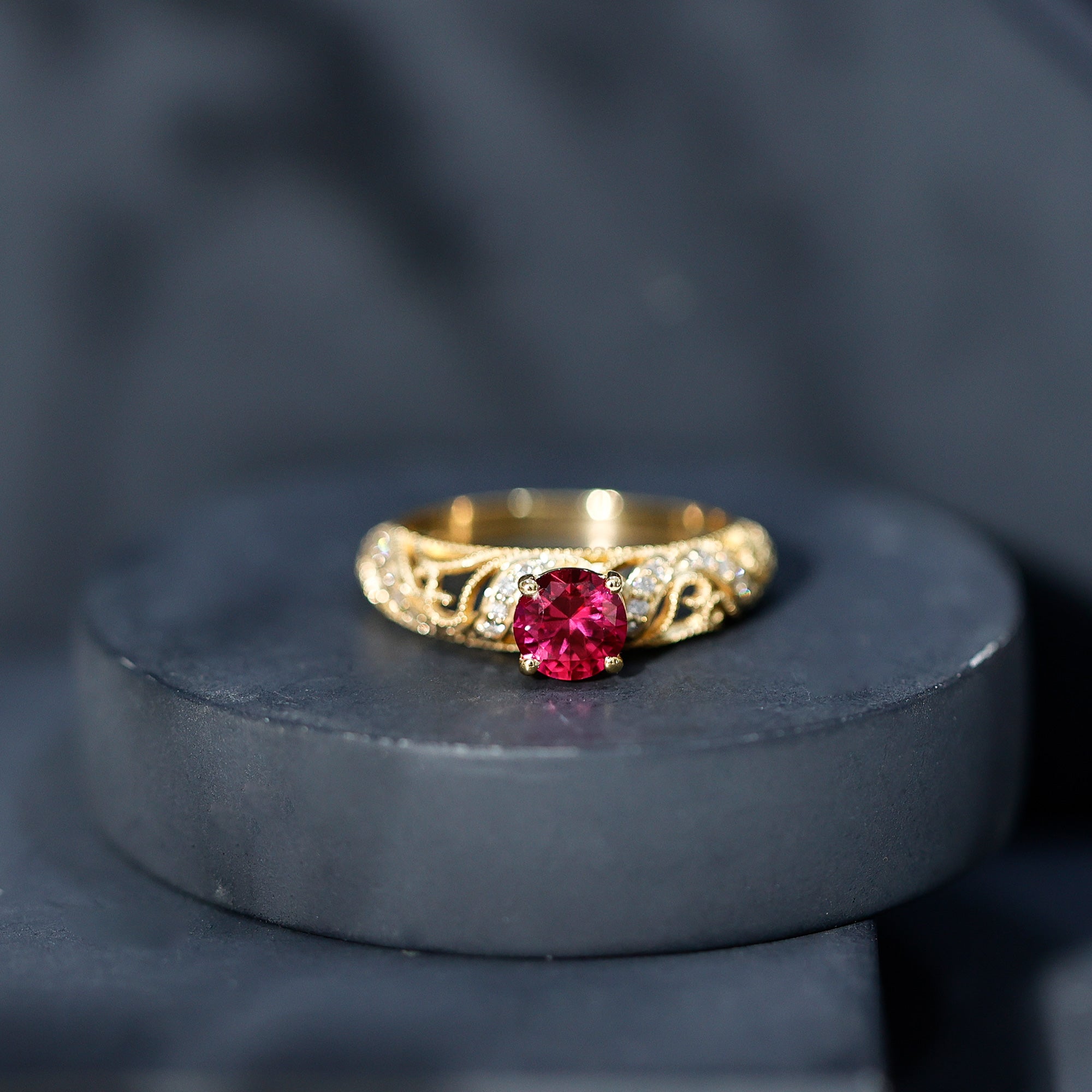 Rosec Jewels-Lab Created Ruby and Diamond Vintage Inspired Engagement Ring