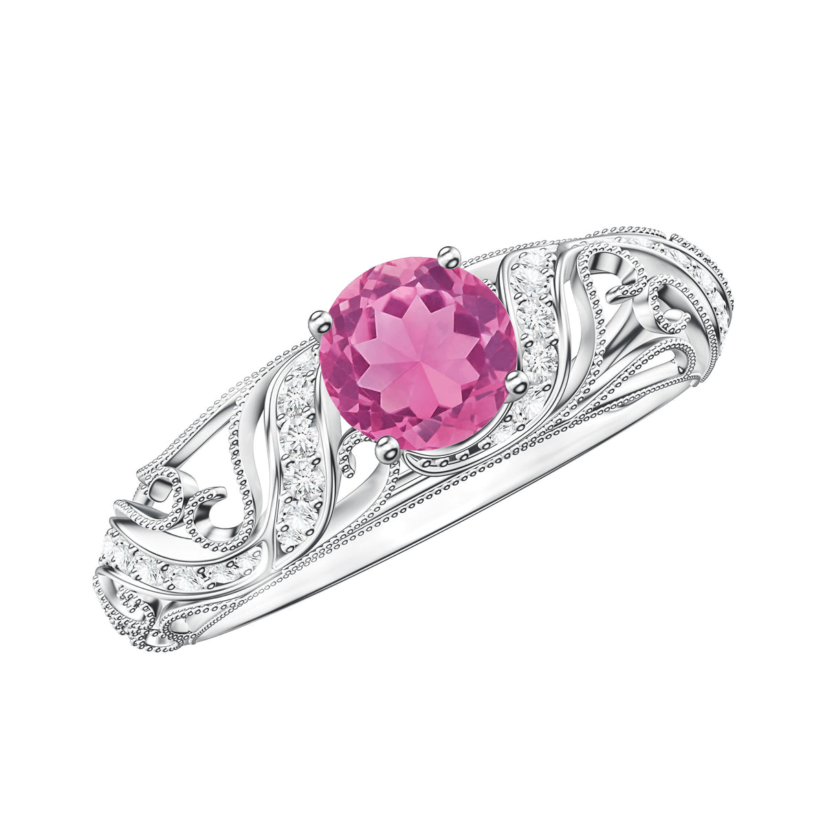 0.4 Carat Vintage Style Pink Tourmaline Engagement Ring with Diamond AAA - Rosec Jewels