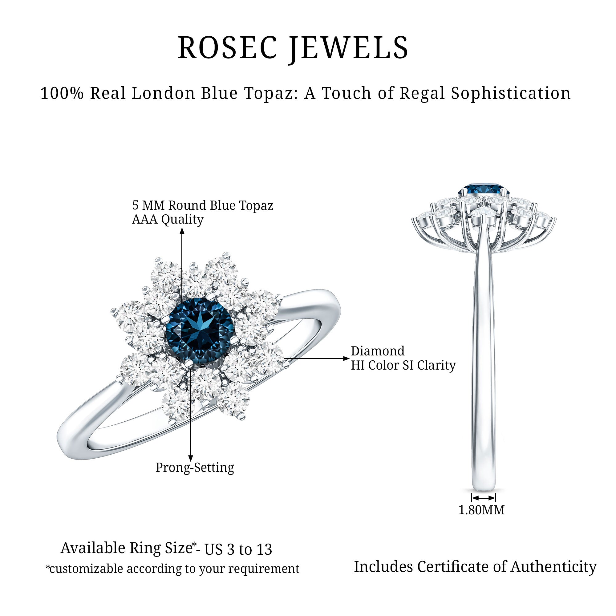 Genuine Round Cut London Blue Topaz Flower Engagement Ring with Diamonds AAA - Rosec Jewels