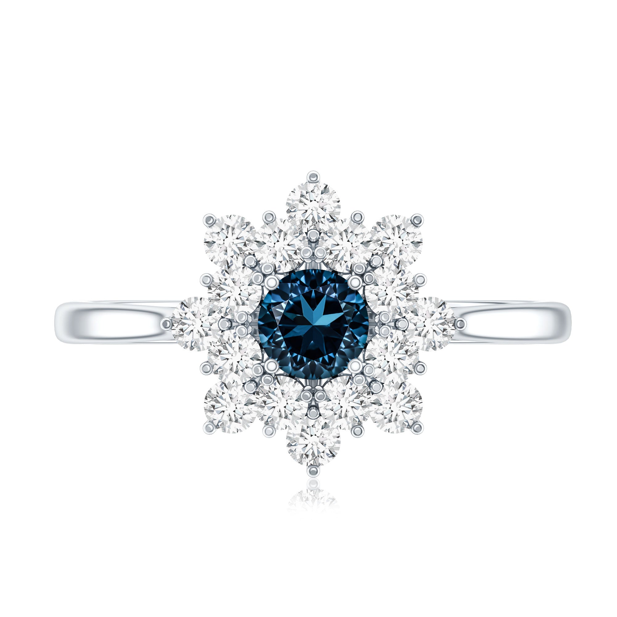 Genuine Round Cut London Blue Topaz Flower Engagement Ring with Diamonds AAA - Rosec Jewels