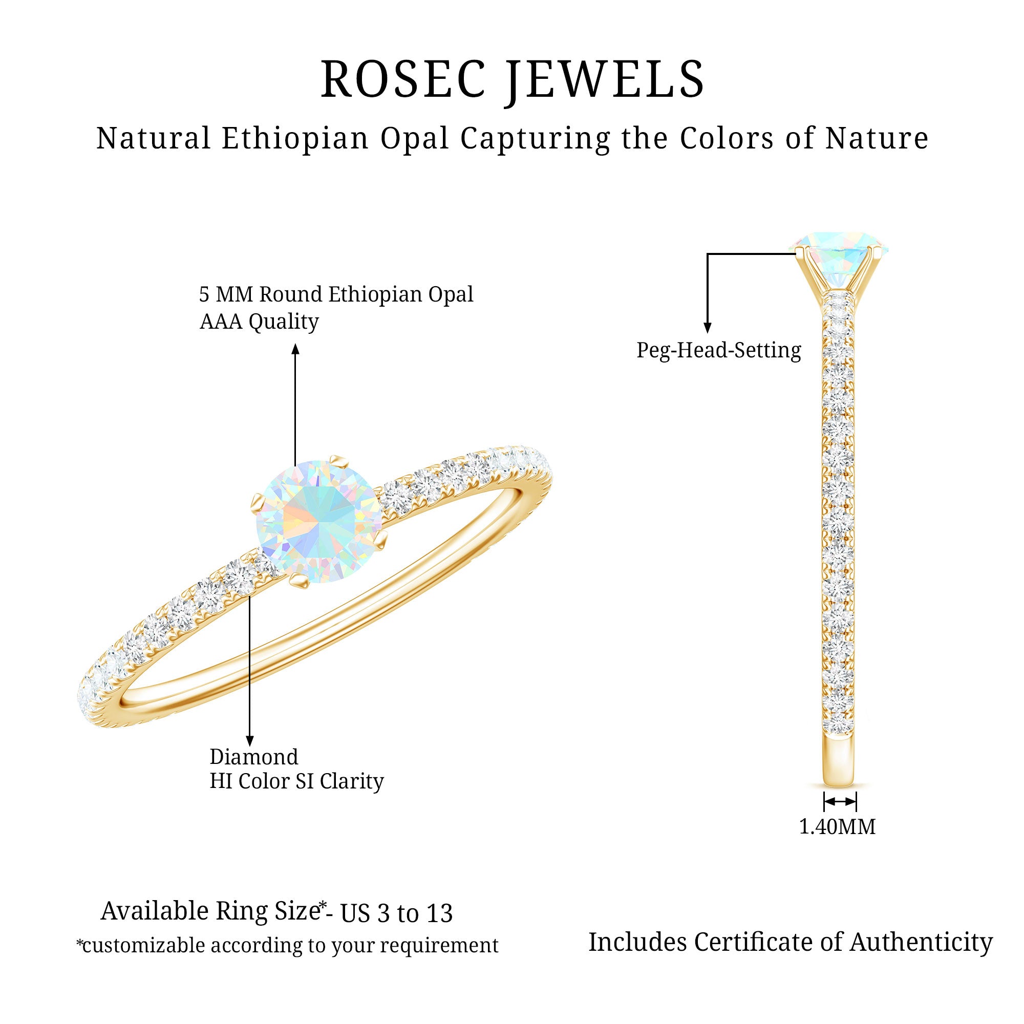 Genuine Ethiopian Opal Promise Ring with Diamond Side Stones AAA - Rosec Jewels