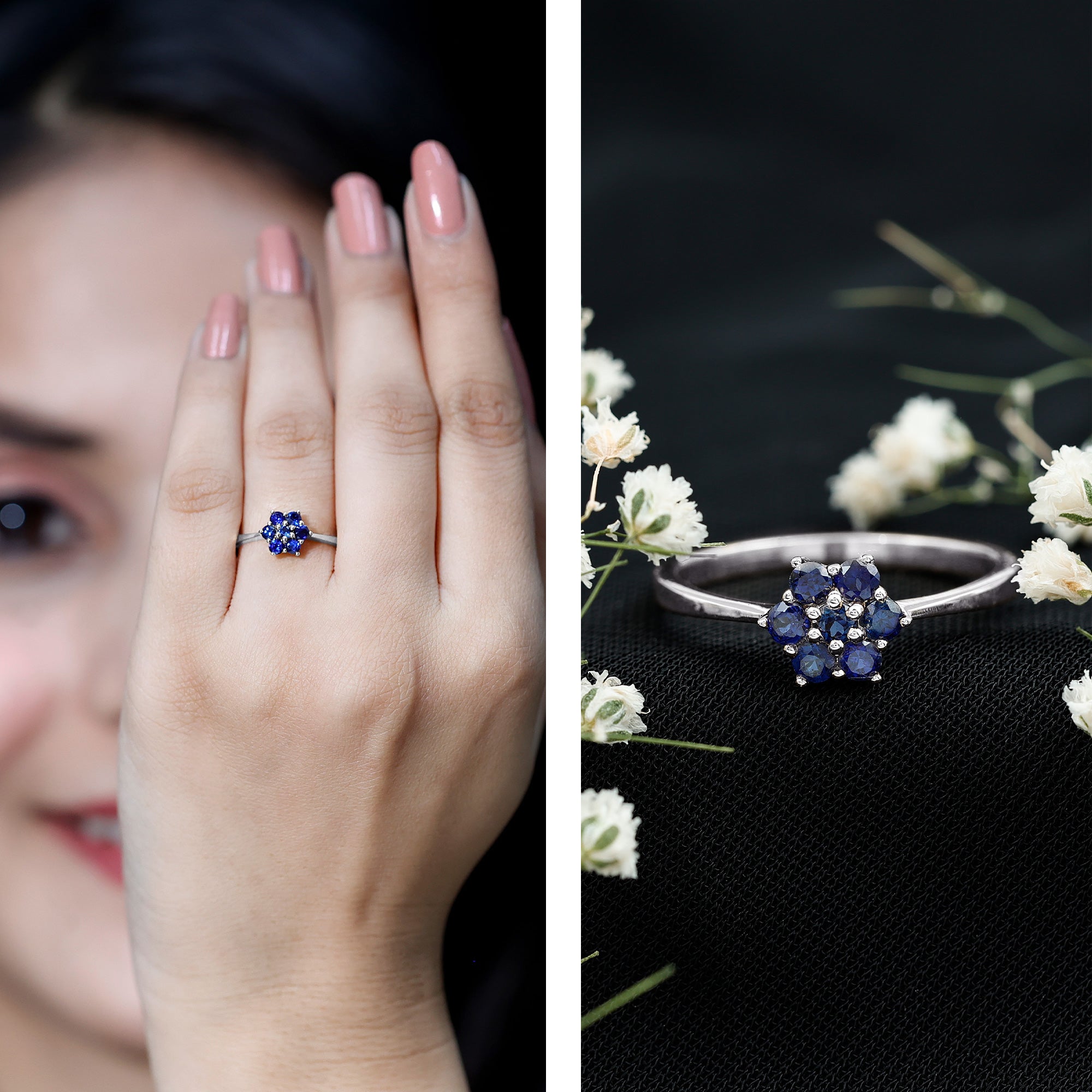1 CT Round Shape Blue Sapphire Cluster Flower Ring AAA - Rosec Jewels