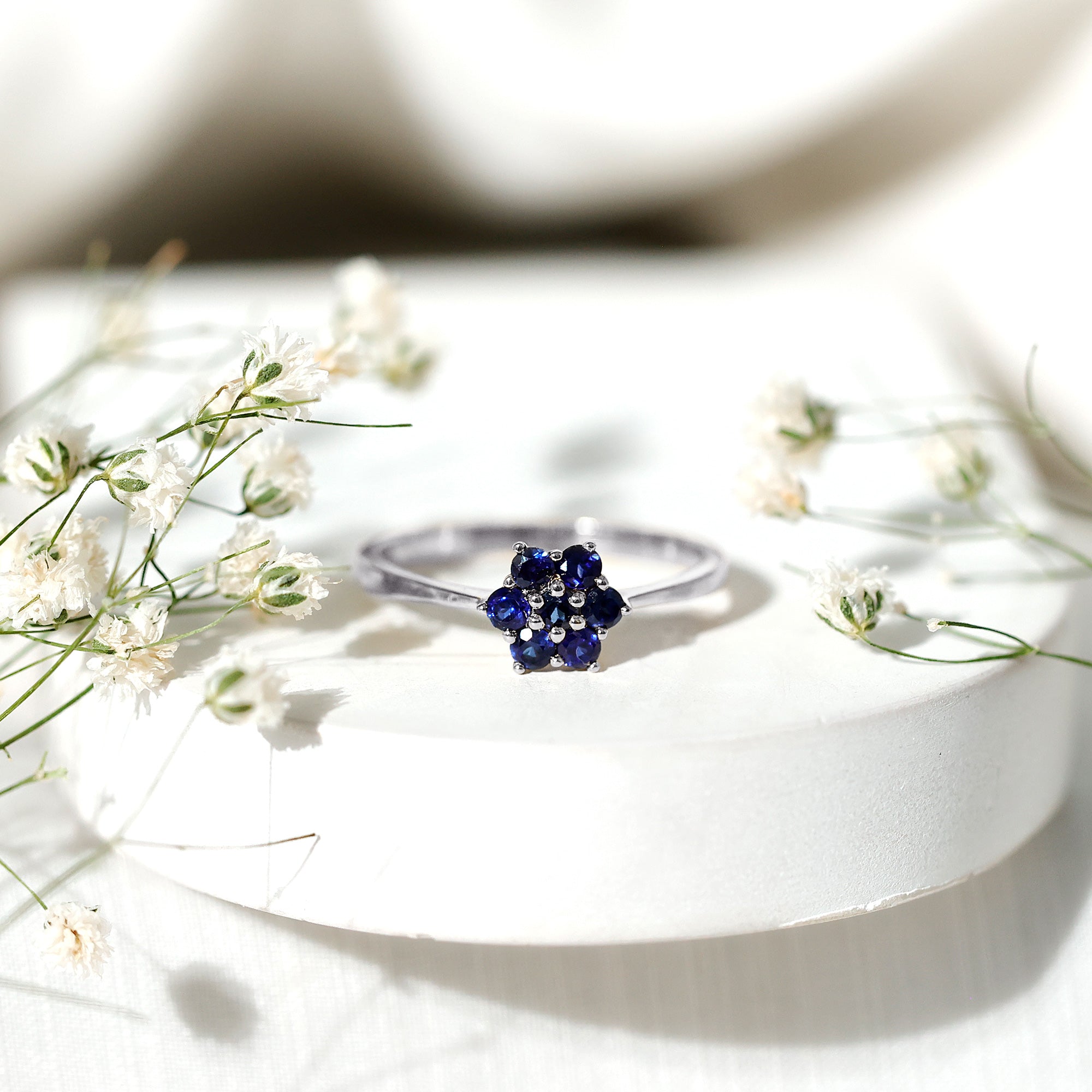1 CT Round Shape Blue Sapphire Cluster Flower Ring AAA - Rosec Jewels