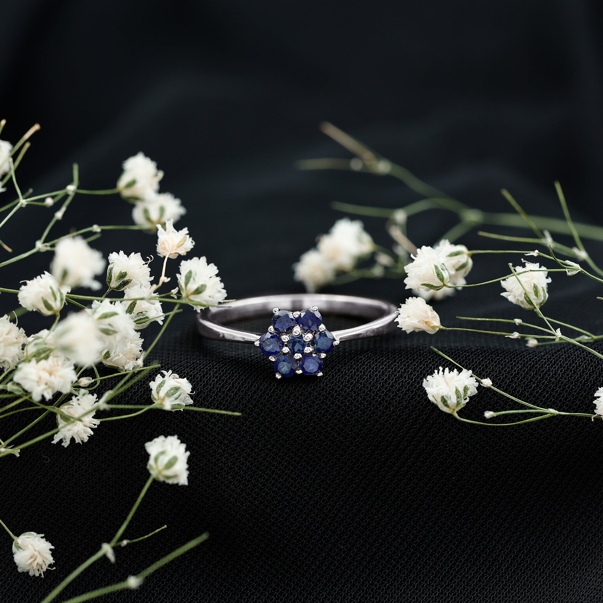 1 CT Round Shape Blue Sapphire Cluster Flower Ring AAA - Rosec Jewels