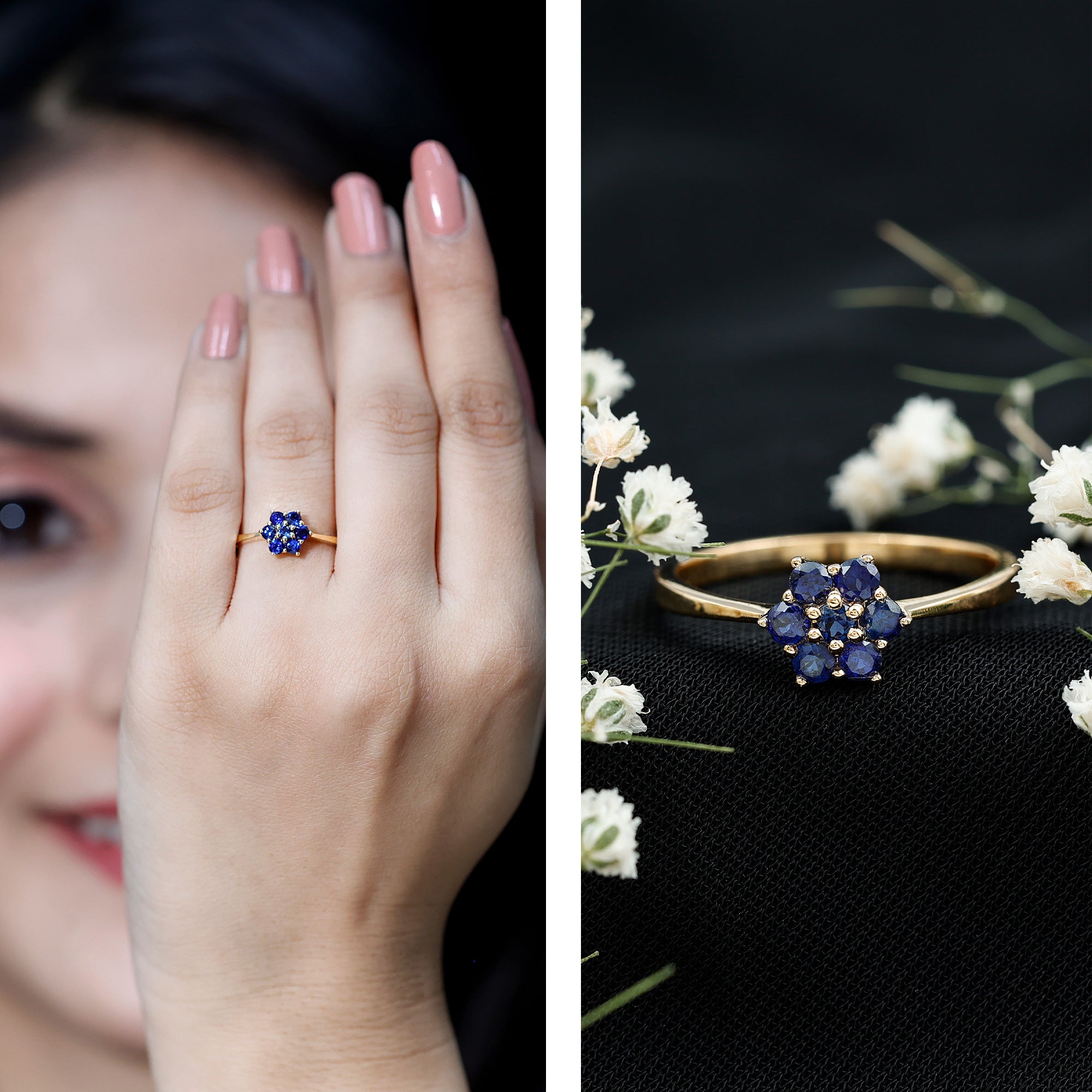 1 CT Round Shape Blue Sapphire Cluster Flower Ring AAA - Rosec Jewels