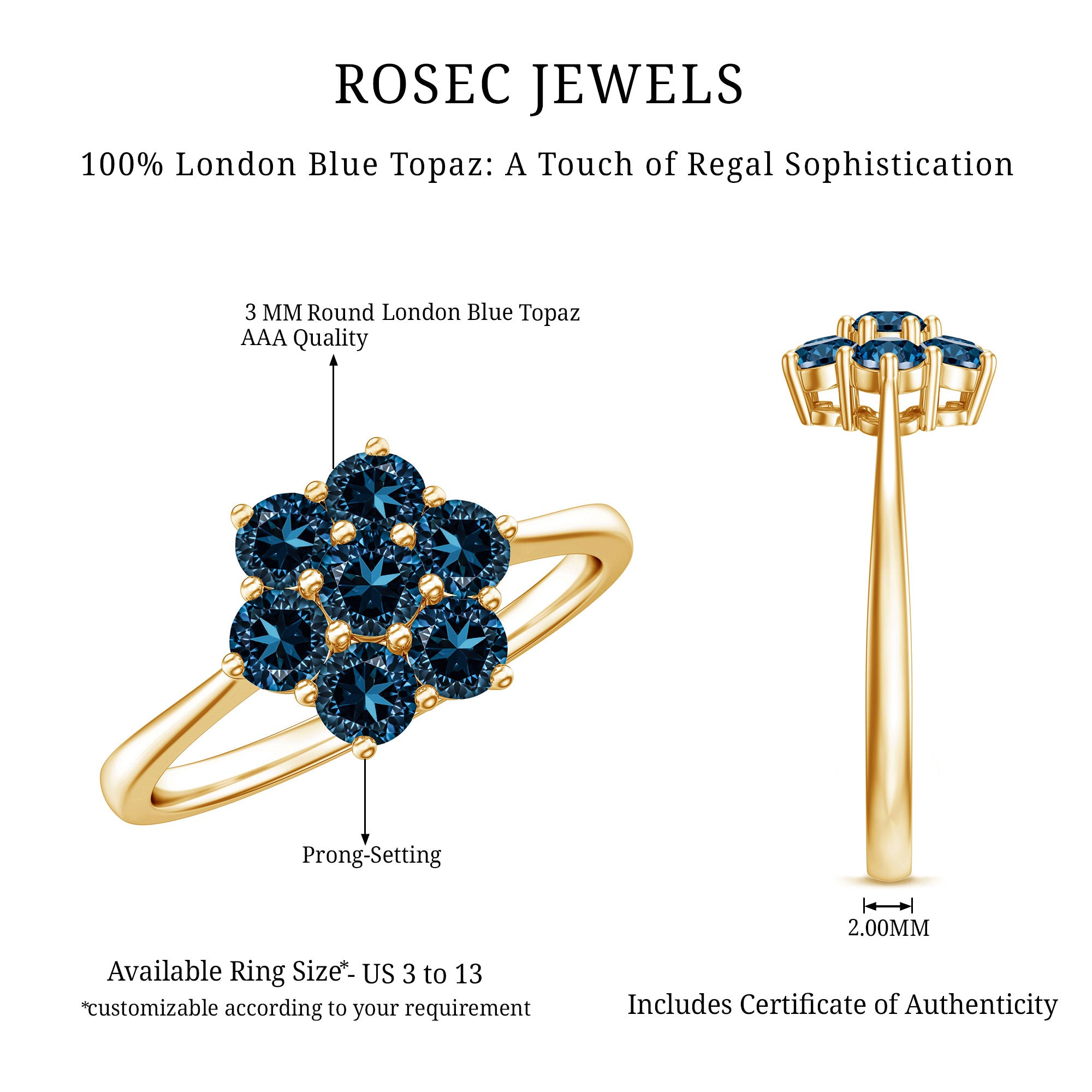 Genuine London Blue Topaz Flower Engagement Ring With Certificate AAA - Rosec Jewels