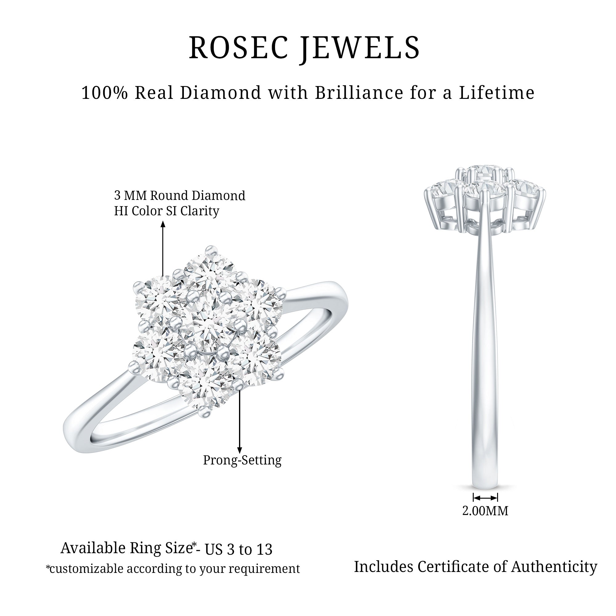 Natural Diamond Flower Cluster Engagement Ring for Women Natural - ( HI-SI ) - Rosec Jewels