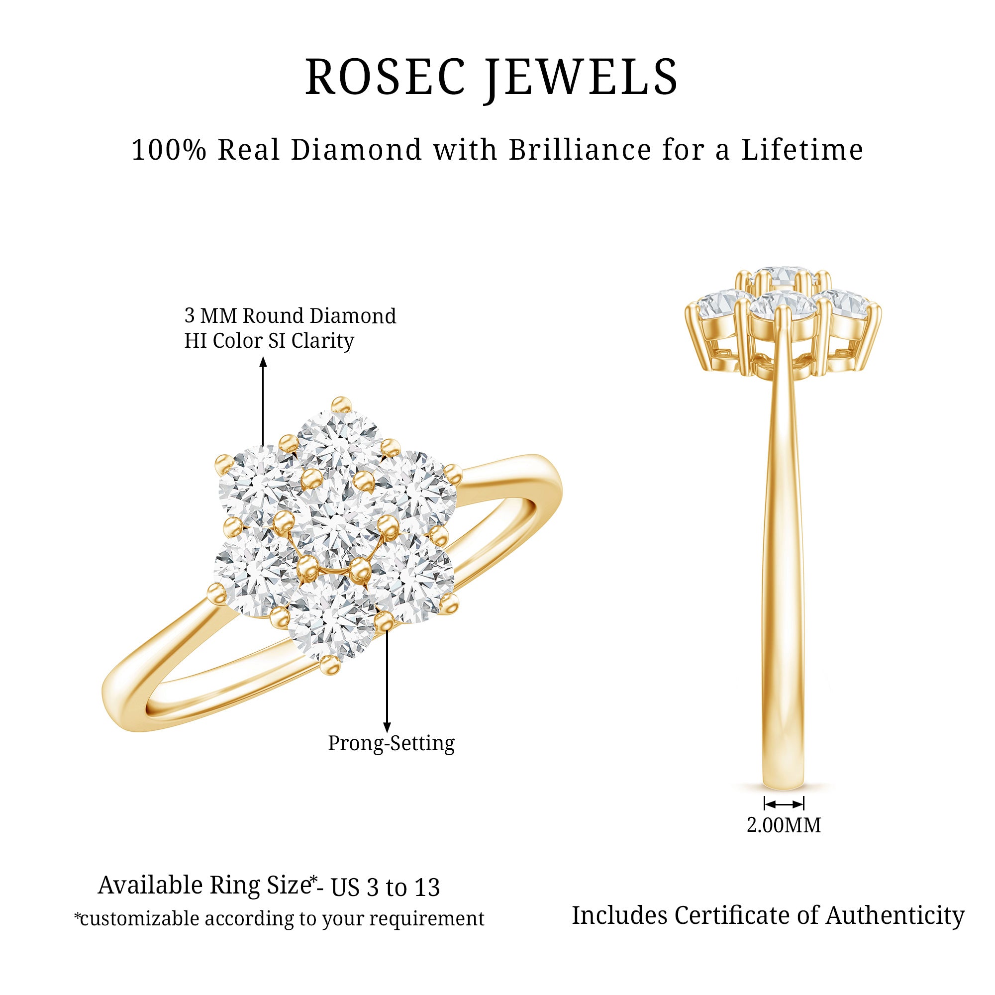 Natural Diamond Flower Cluster Engagement Ring for Women Natural - ( HI-SI ) - Rosec Jewels