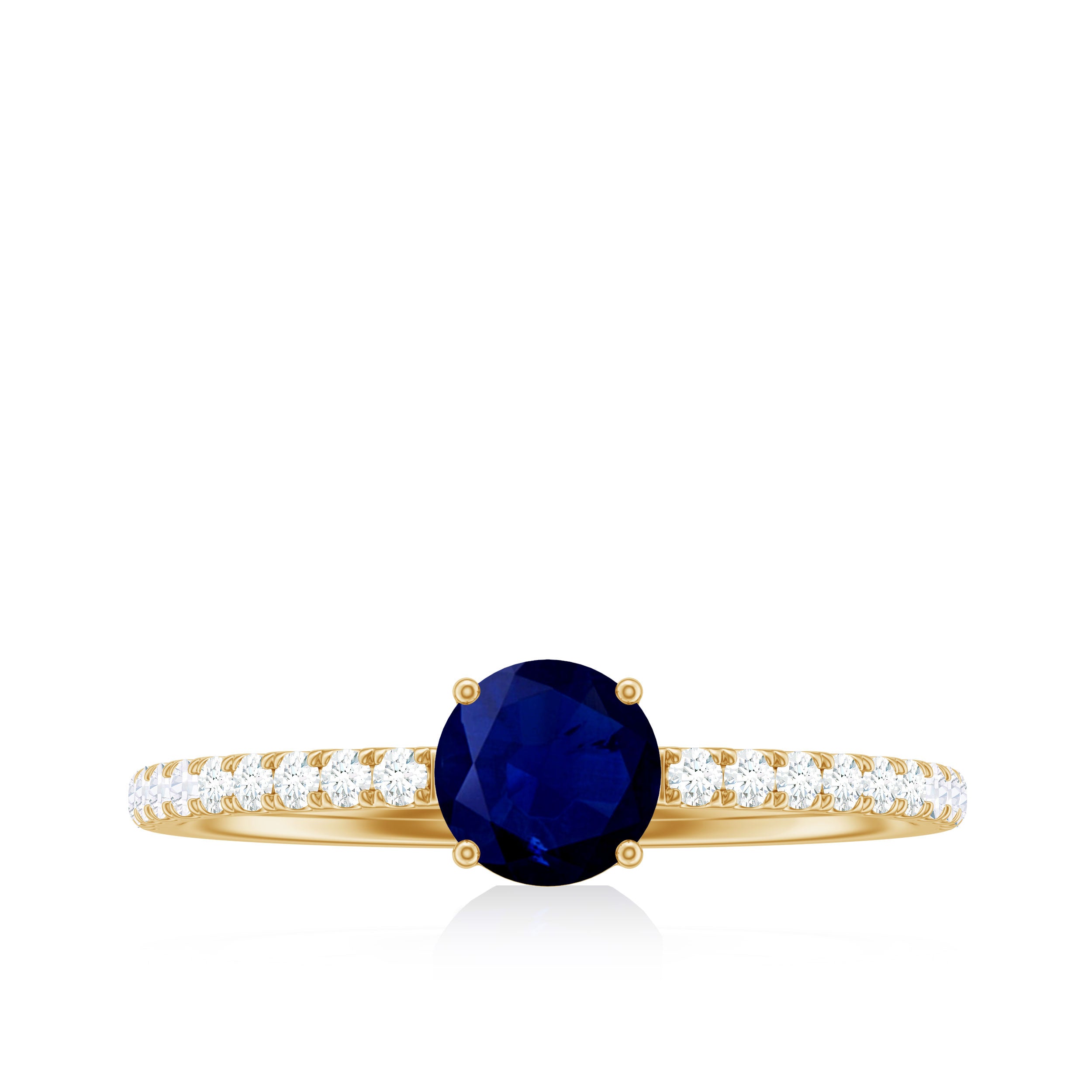 0.95 Carat Round Blue Sapphire Solitaire Ring with Diamond Side Stones AAA - Rosec Jewels