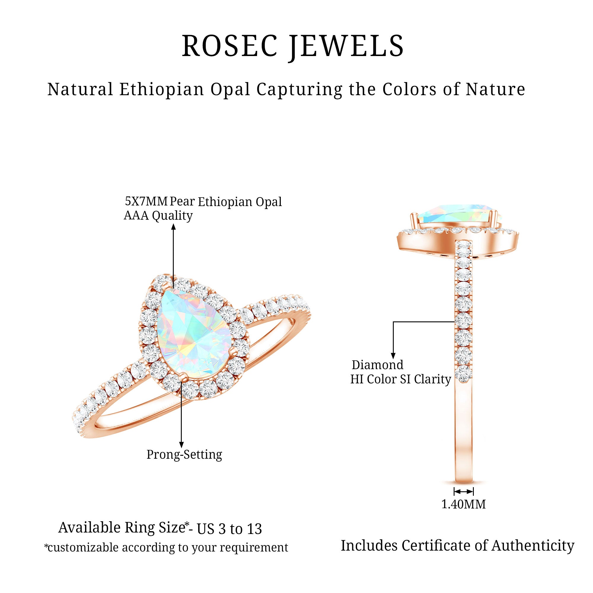 Natural 5X7mm Ethiopian Opal Teardrop Engagement Ring with Diamond Halo AAA - Rosec Jewels
