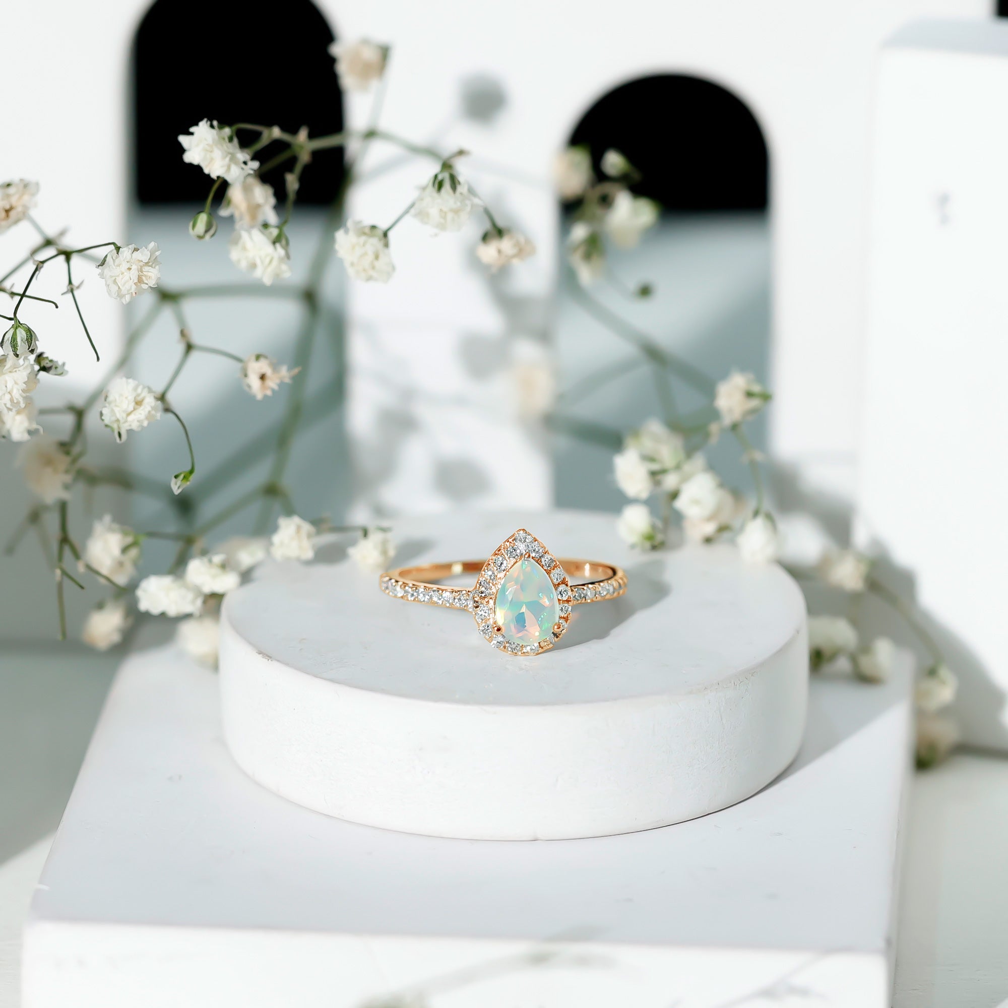 Natural 5X7mm Ethiopian Opal Teardrop Engagement Ring with Diamond Halo AAA - Rosec Jewels
