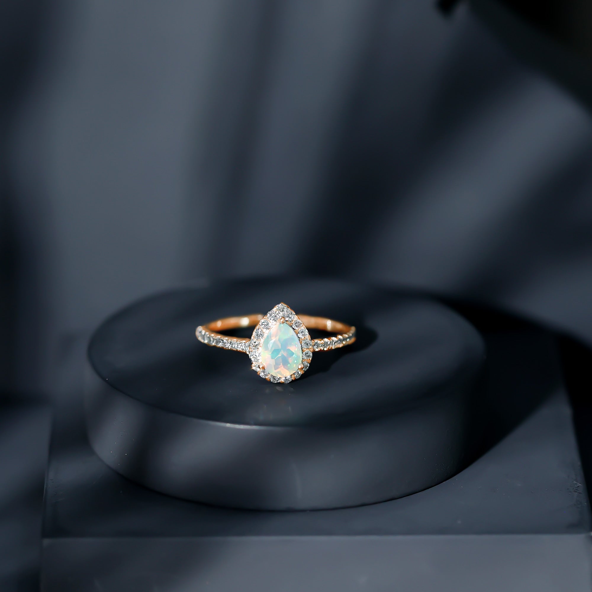 Natural 5X7mm Ethiopian Opal Teardrop Engagement Ring with Diamond Halo AAA - Rosec Jewels