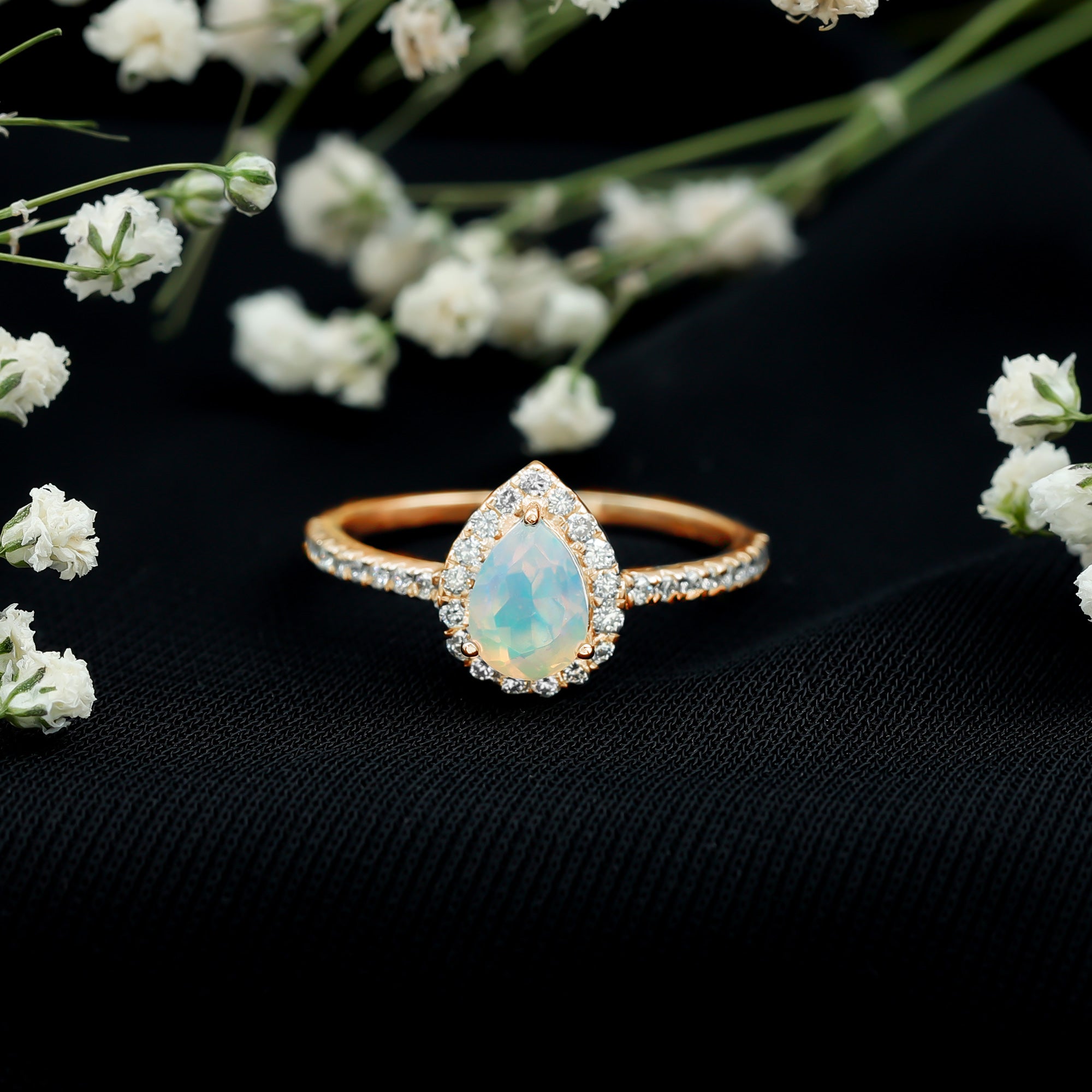 Natural 5X7mm Ethiopian Opal Teardrop Engagement Ring with Diamond Halo AAA - Rosec Jewels