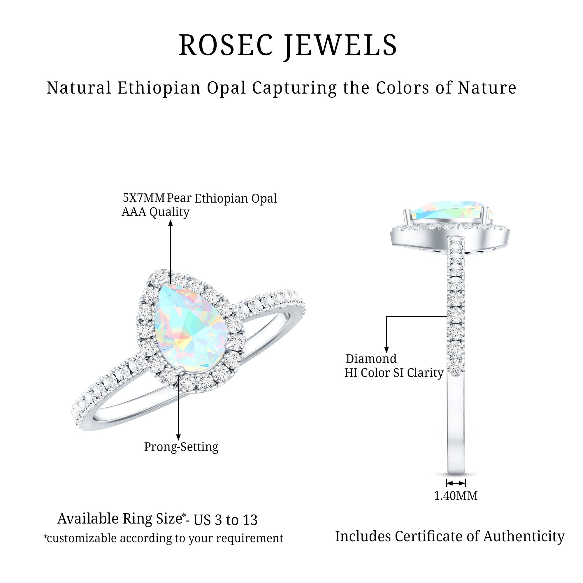 Natural 5X7mm Ethiopian Opal Teardrop Engagement Ring with Diamond Halo AAA - Rosec Jewels