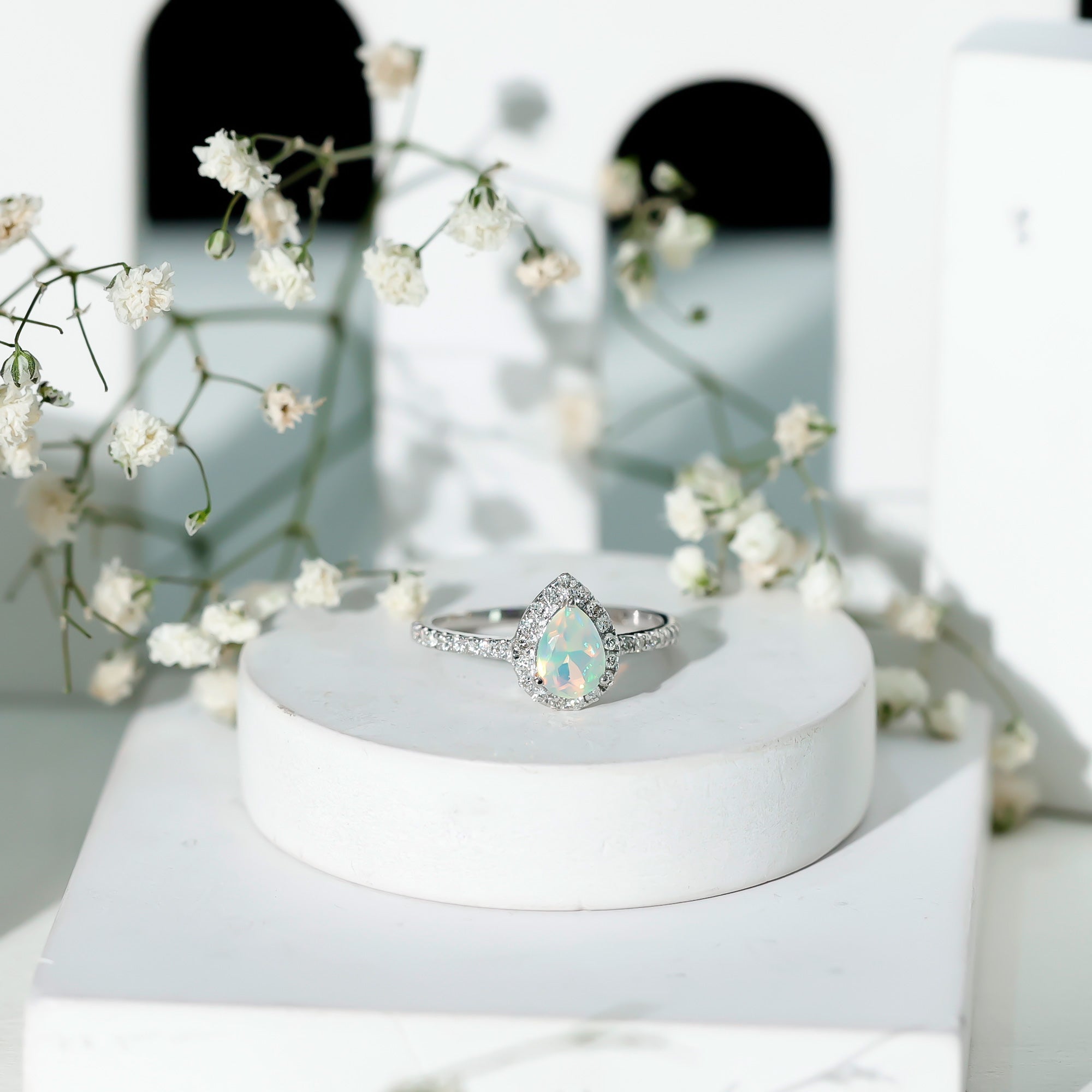 Natural 5X7mm Ethiopian Opal Teardrop Engagement Ring with Diamond Halo AAA - Rosec Jewels