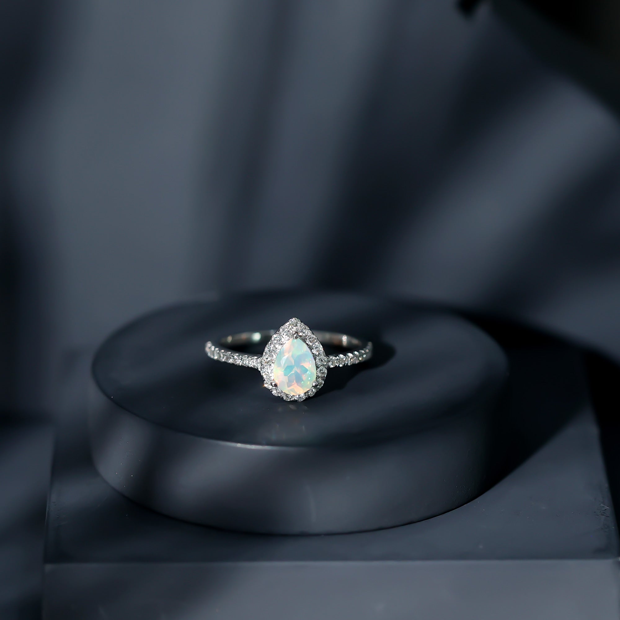 Natural 5X7mm Ethiopian Opal Teardrop Engagement Ring with Diamond Halo AAA - Rosec Jewels