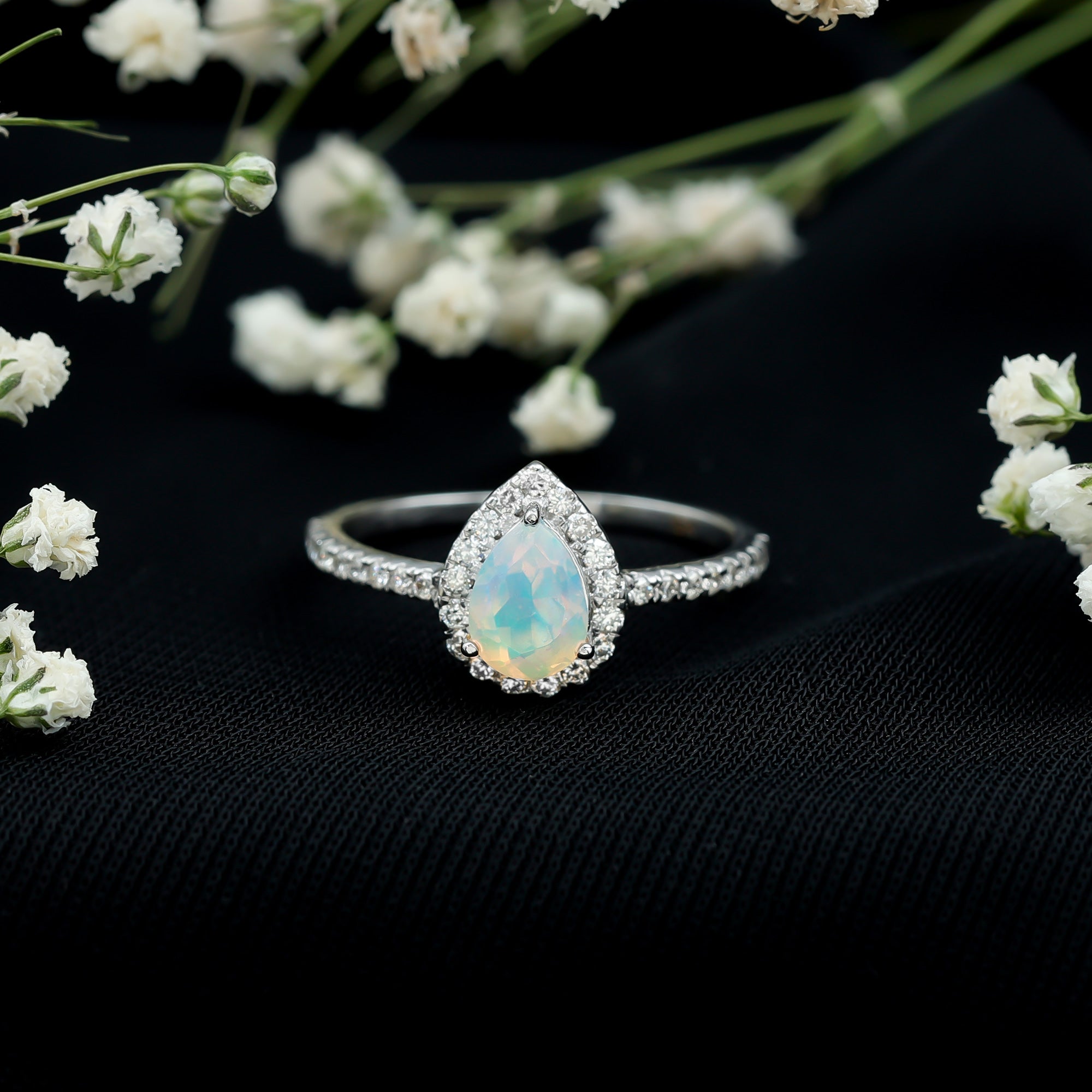 Natural 5X7mm Ethiopian Opal Teardrop Engagement Ring with Diamond Halo AAA - Rosec Jewels