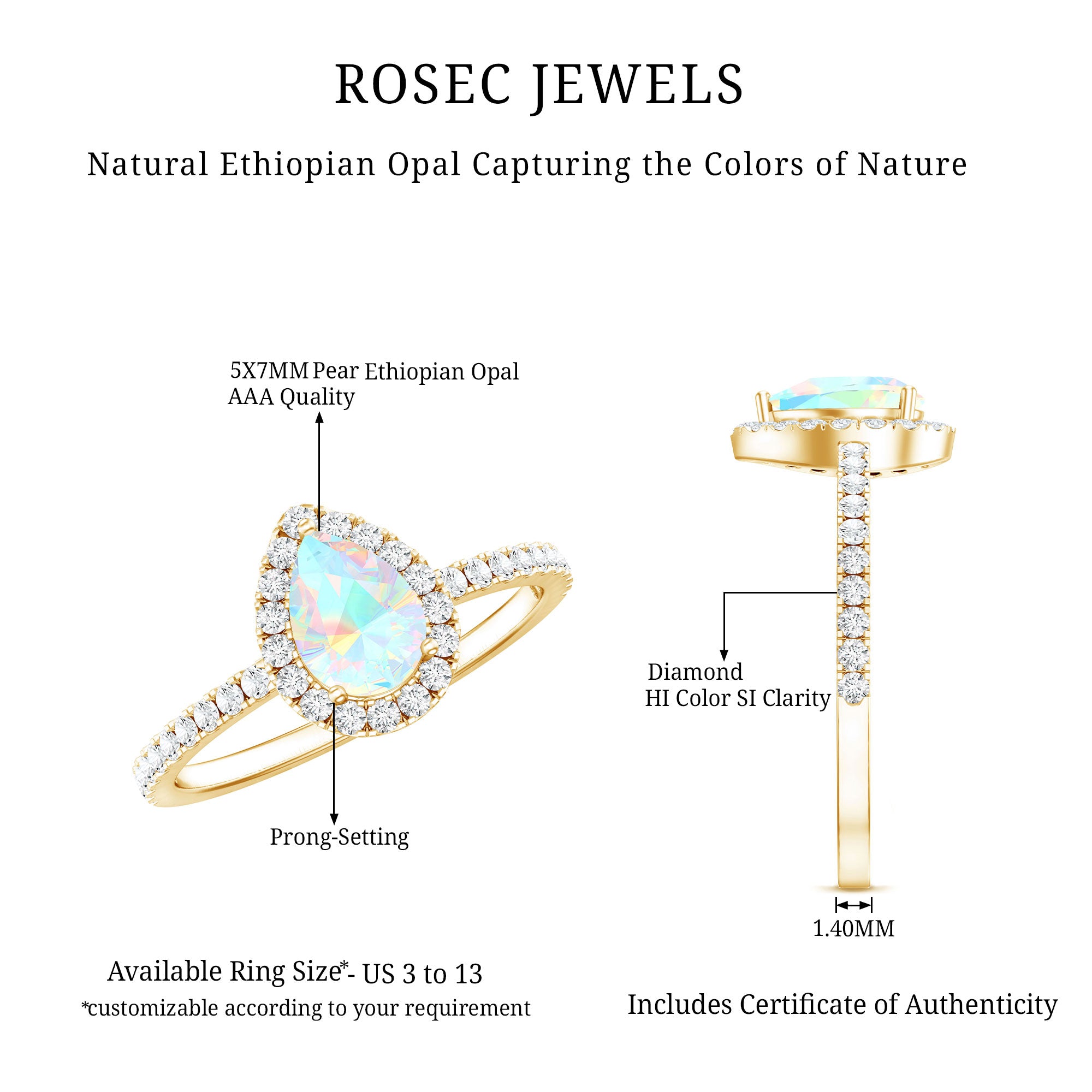 Natural 5X7mm Ethiopian Opal Teardrop Engagement Ring with Diamond Halo AAA - Rosec Jewels