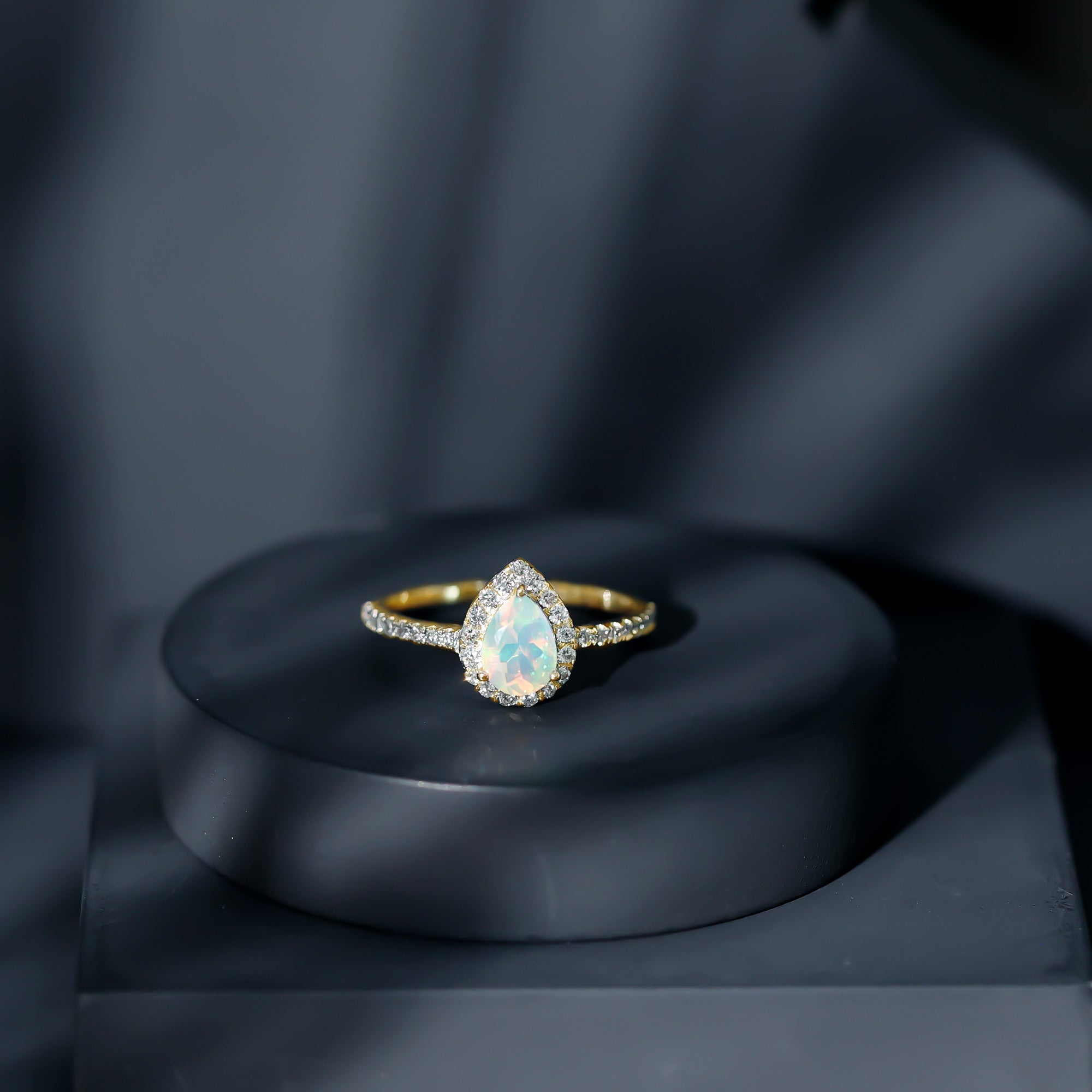 Natural 5X7mm Ethiopian Opal Teardrop Engagement Ring with Diamond Halo AAA - Rosec Jewels