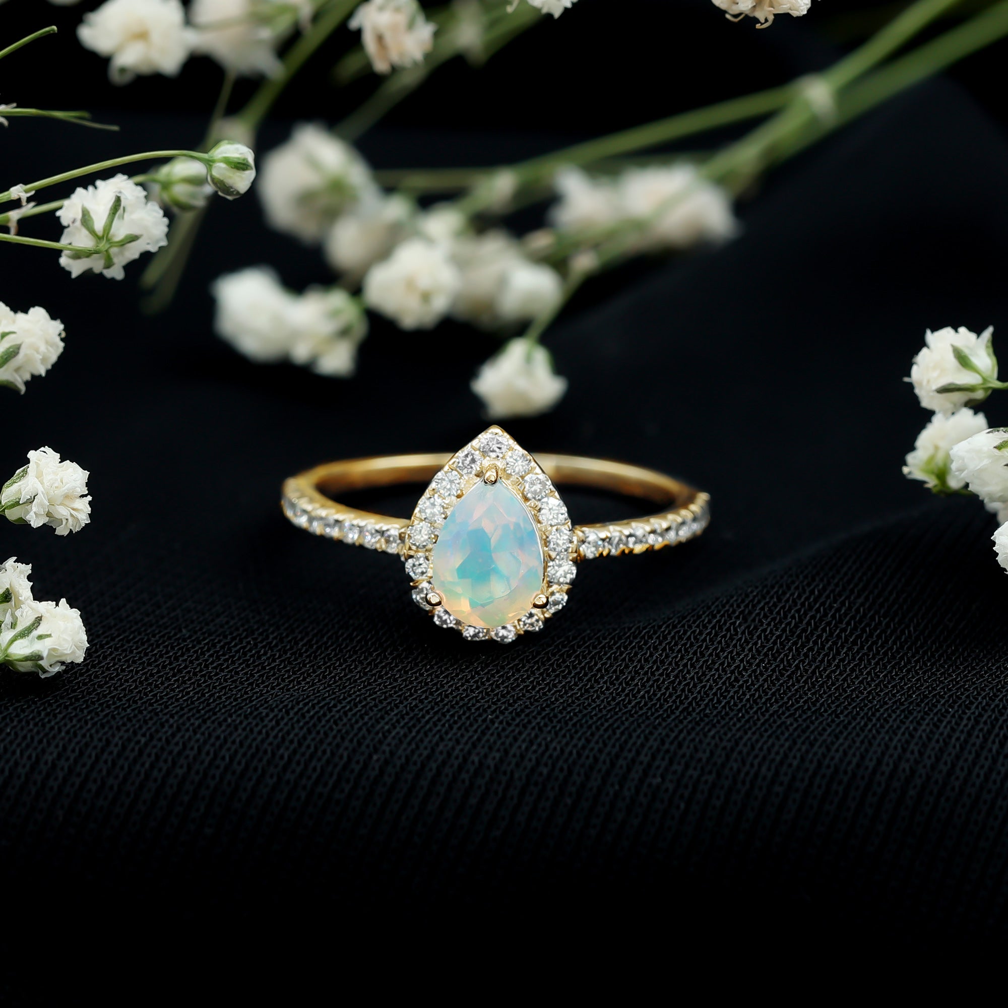 Natural 5X7mm Ethiopian Opal Teardrop Engagement Ring with Diamond Halo AAA - Rosec Jewels