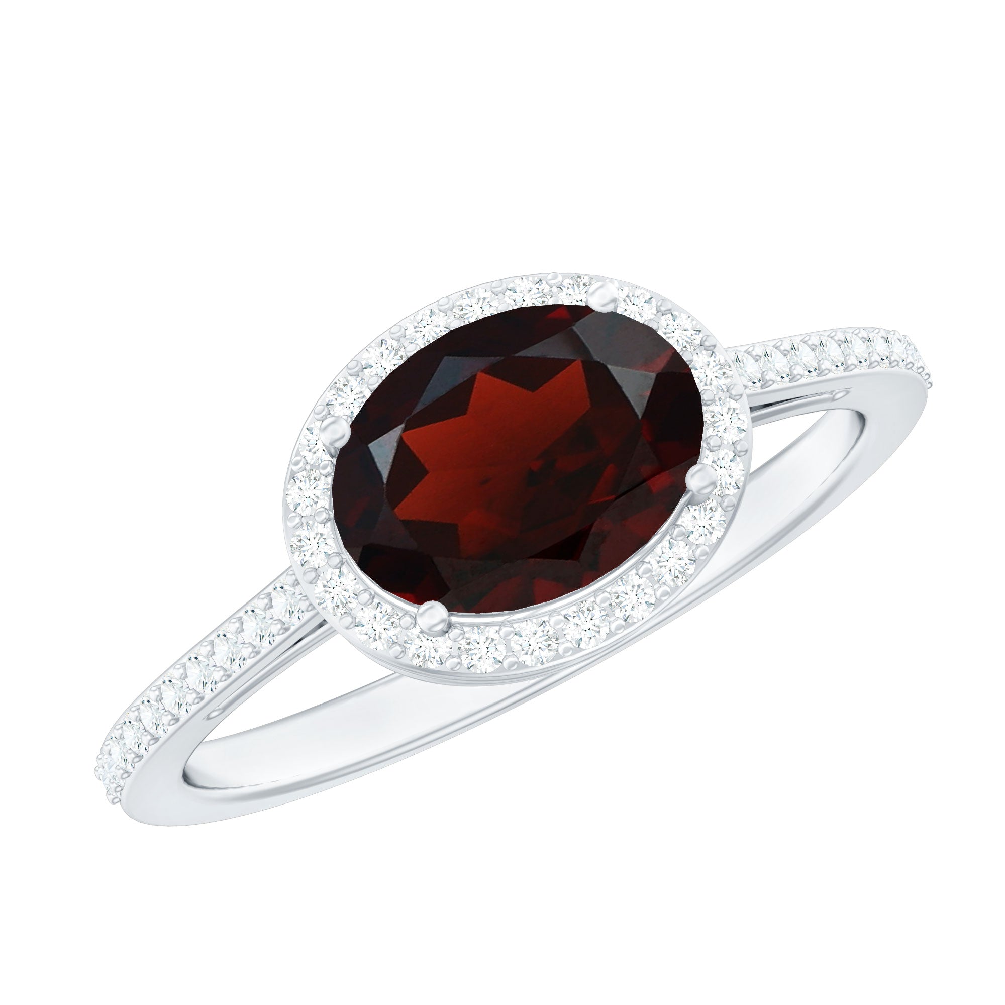 Oval Cut Garnet East West Engagement Ring with Diamond Halo